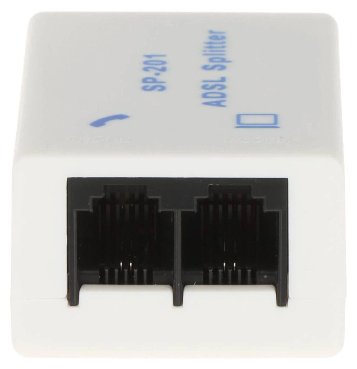 Uno splitter ADSL, bianco con due porte RJ-11 per telefono e modem.