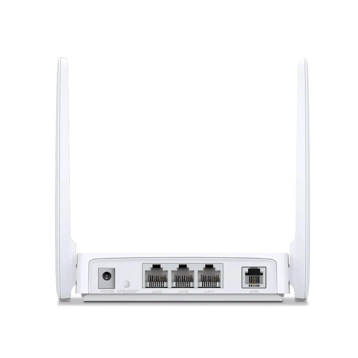 Un router bianco con due antenne, con porte etichettate e un ingresso di alimentazione.
