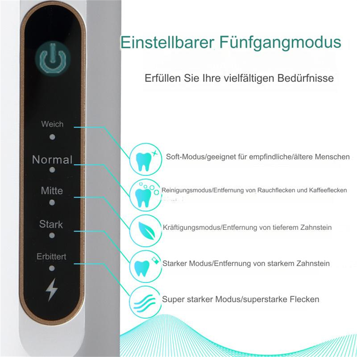 Ein Bedienfeld mit Einstellungen für ein Zahnreinigungsgerät, einschließlich Modi wie sanft, normal, stark und superstark.