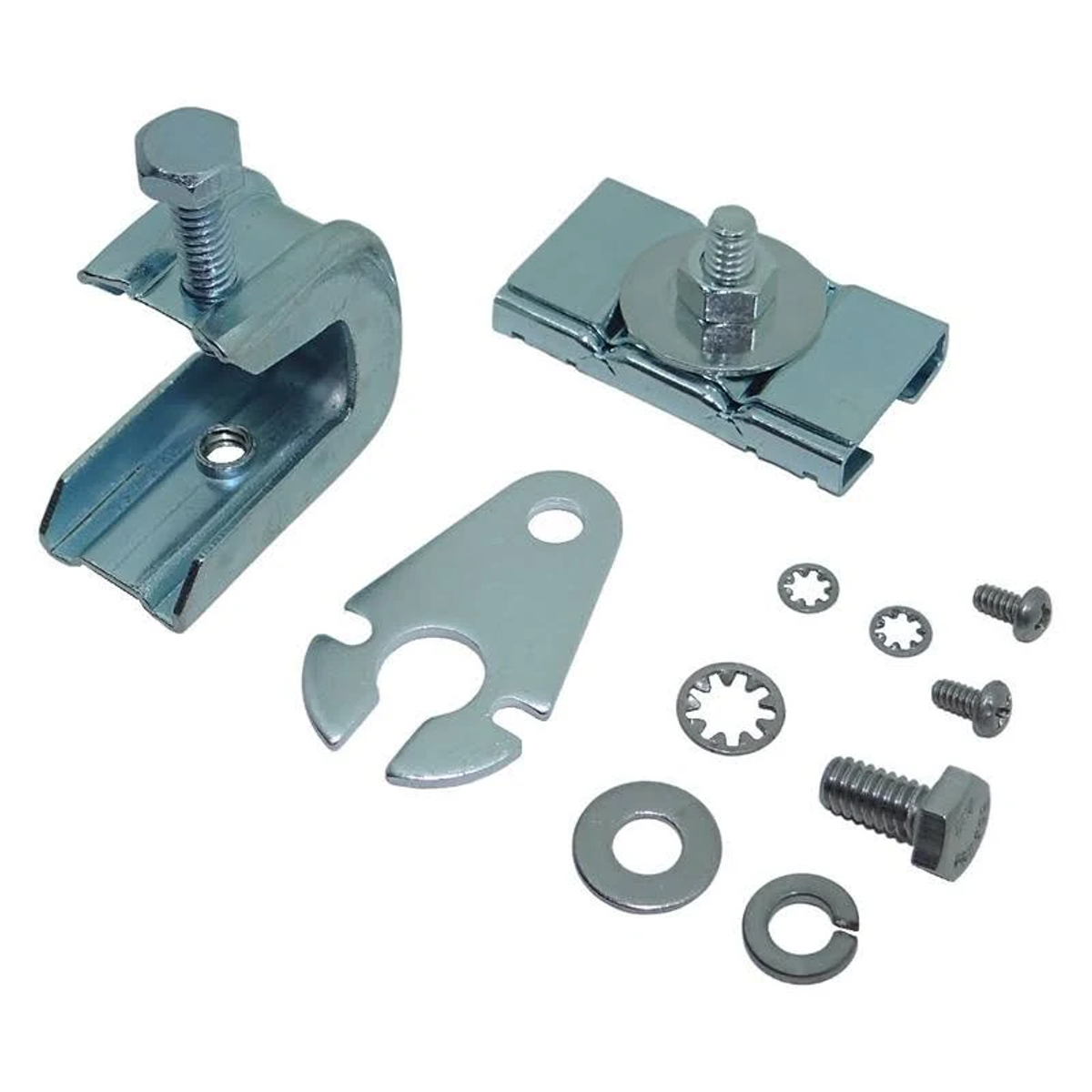 Verschiedene Metallteile, darunter Schrauben, Unterlegscheiben und Halterungen.
