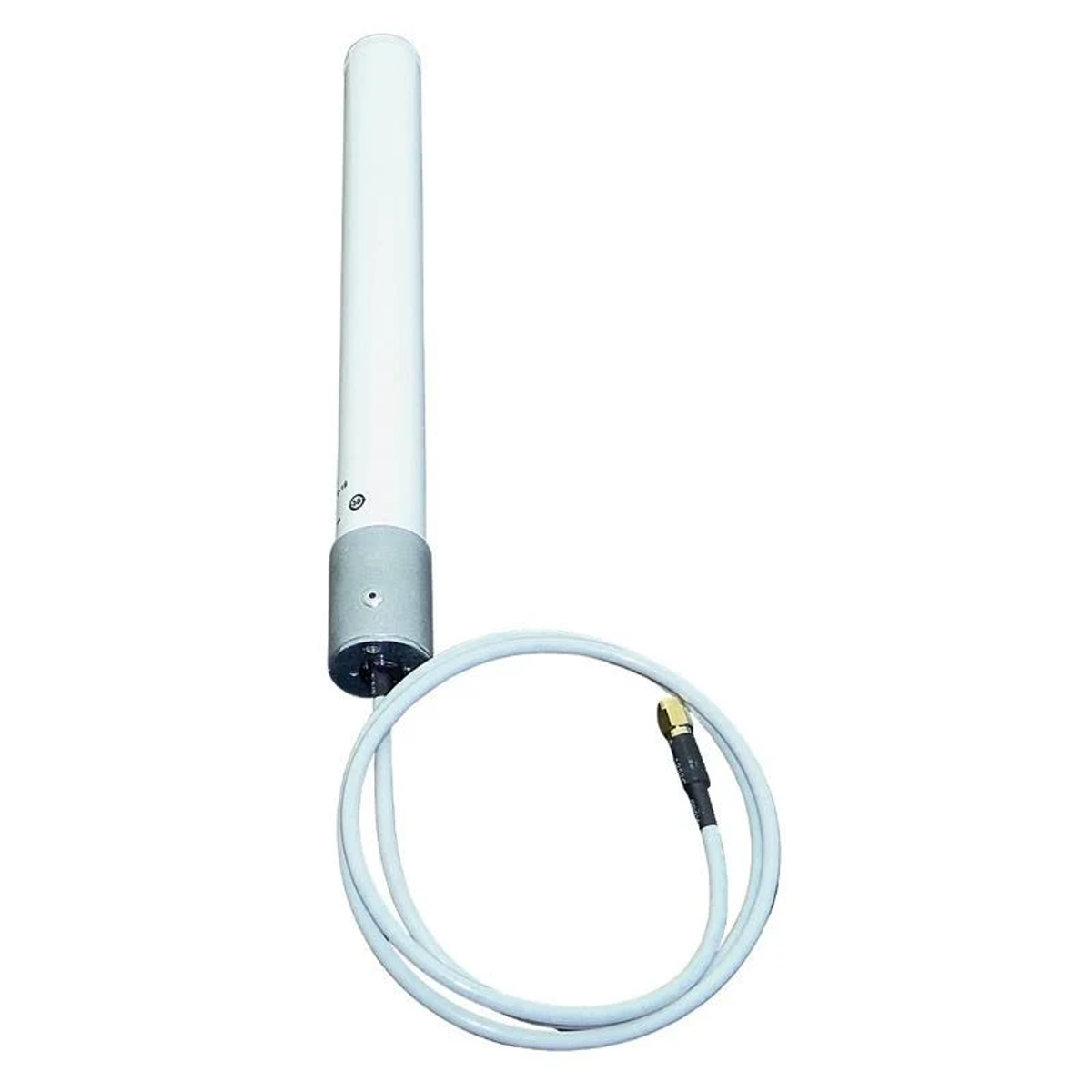 Weiße Antenne mit Kabel. Das Kabel hat am Ende einen Stecker.