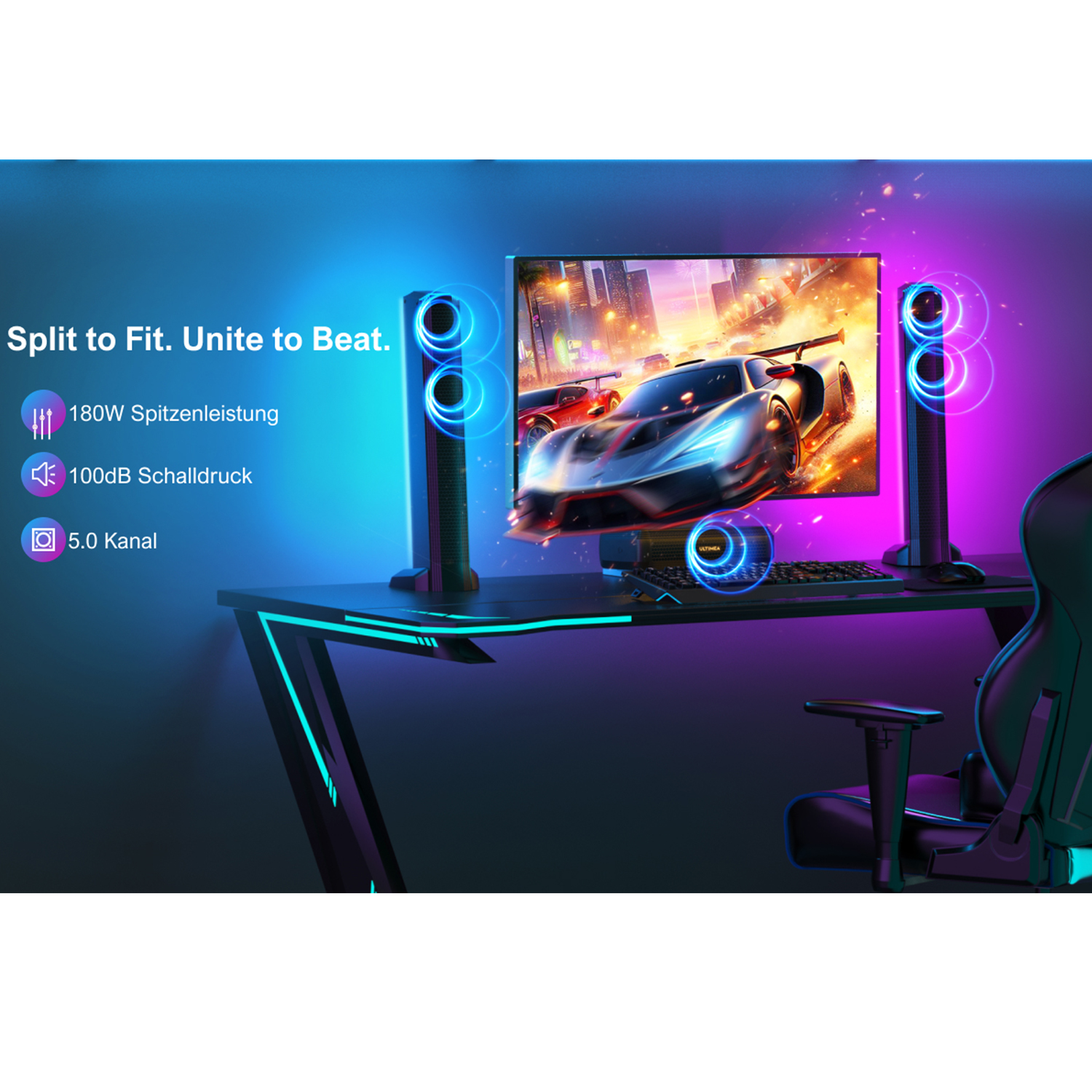 Ein Gaming-Setup mit Monitor, Lautsprechern und Gaming-Schreibtisch mit neonblauer Beleuchtung.