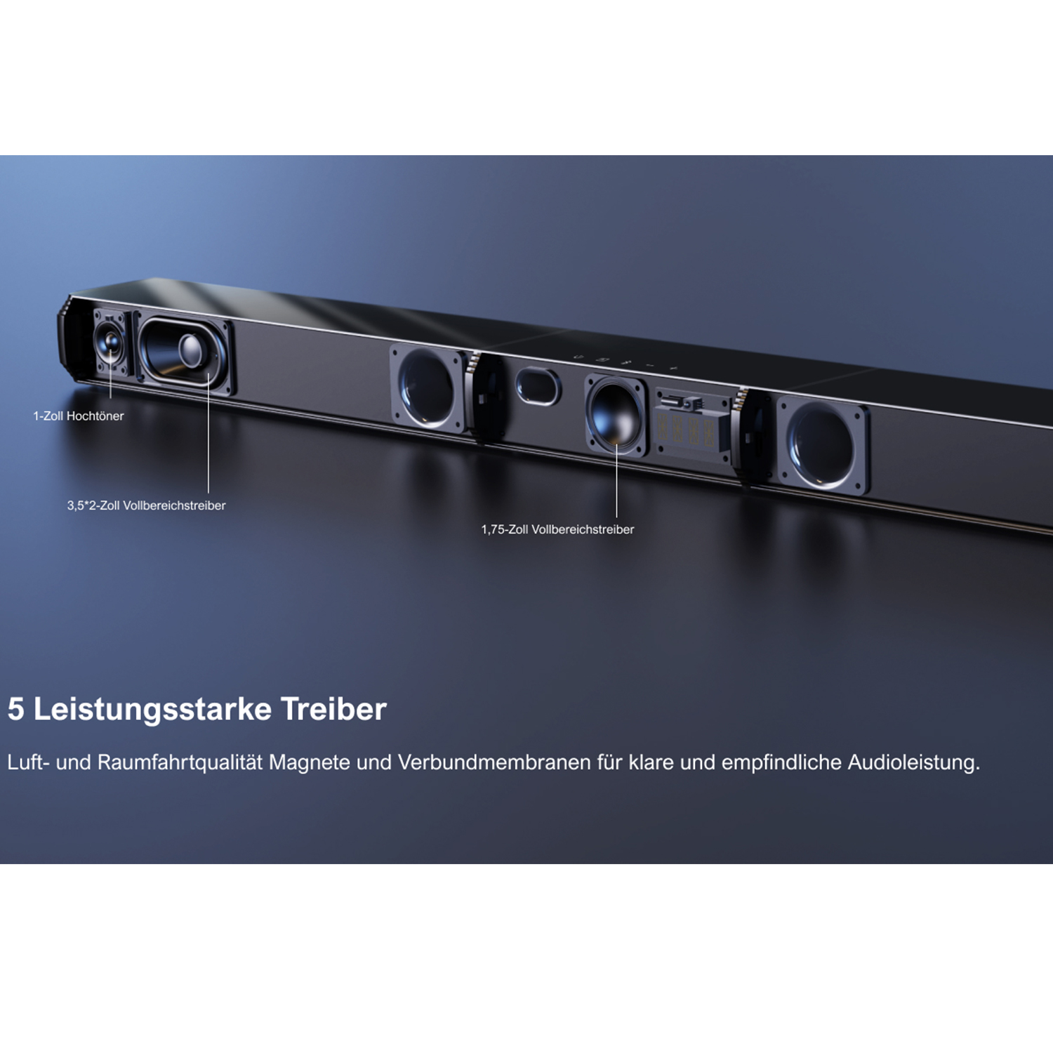 Schwarze Soundbar mit Lautsprechern und ihrer Beschreibung. Weißer Text auf dunklem Hintergrund.