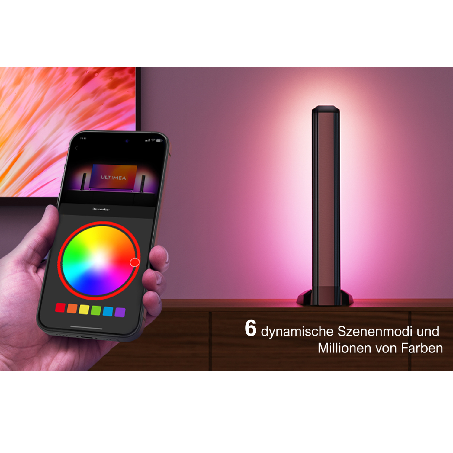Ein Smartphone mit einer Farbrad-App in der Nähe einer schwarzen und braunen LED-Leuchte.