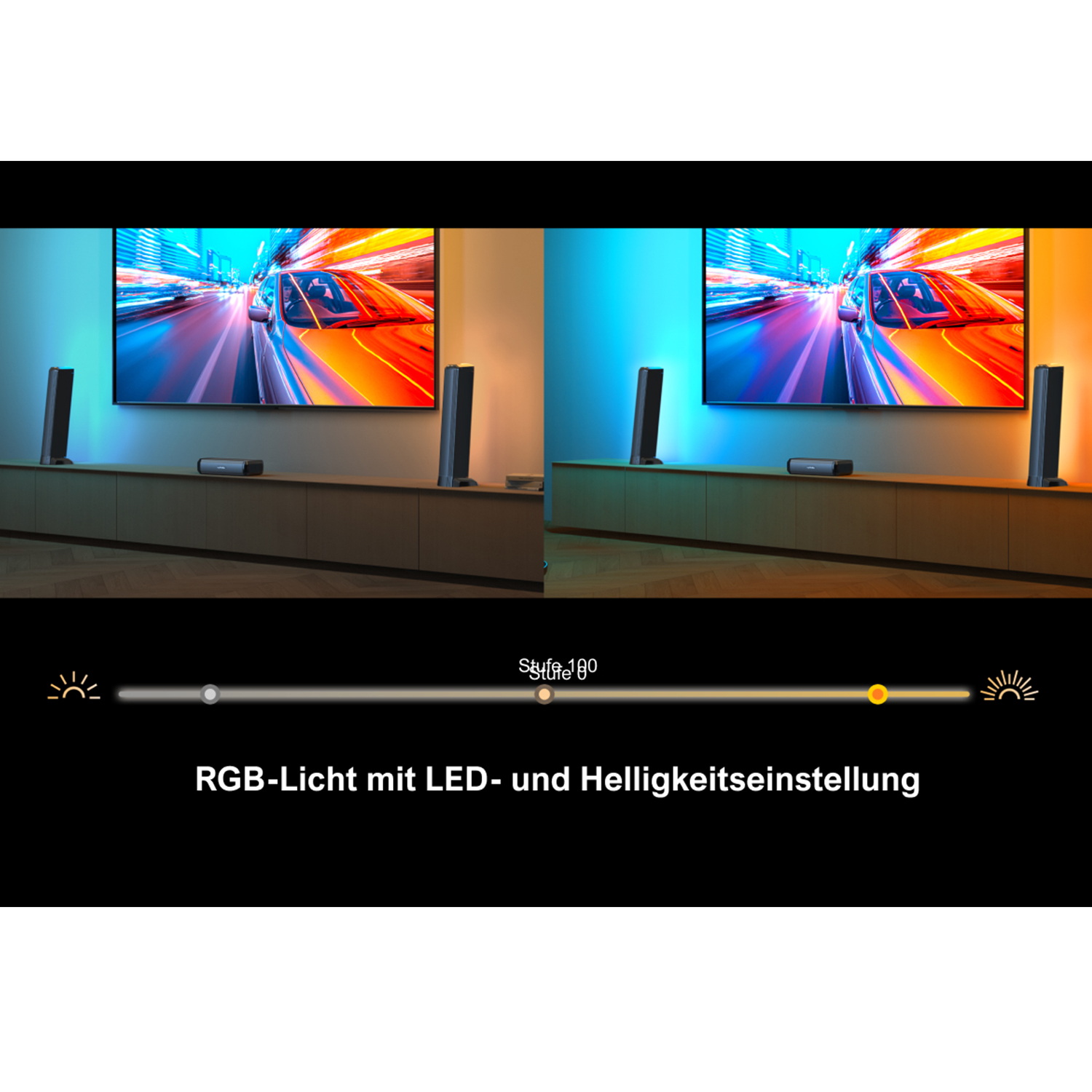 Zwei Bildschirme mit Farbverlauf, Schieberegler und Text: RGB-Licht mit LED und Helligkeit.