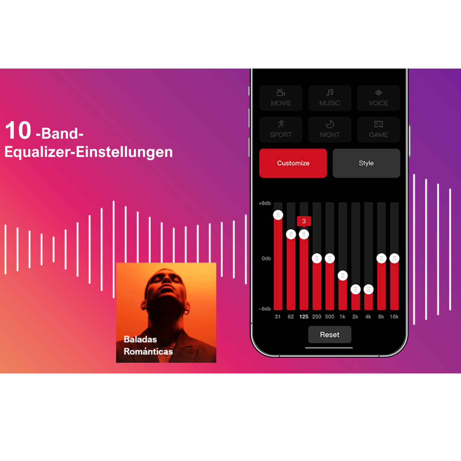 Smartphone-Bildschirm mit Equalizer-Einstellungen und einem Musikalbumcover auf Gradientenhintergrund.