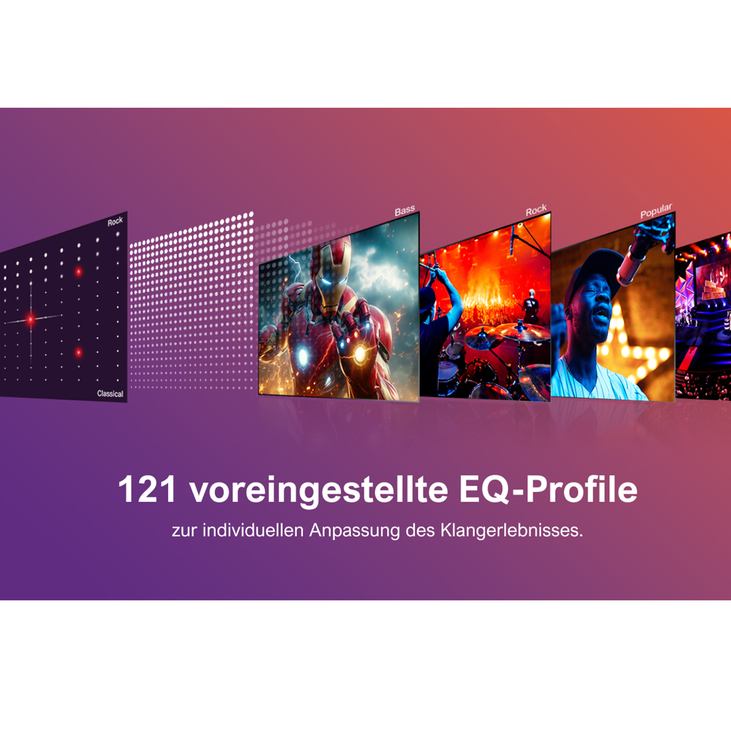 Ein Fernsehbildschirm zeigt Musikgenre-Profile mit Text: Rock, Bass und Popular.