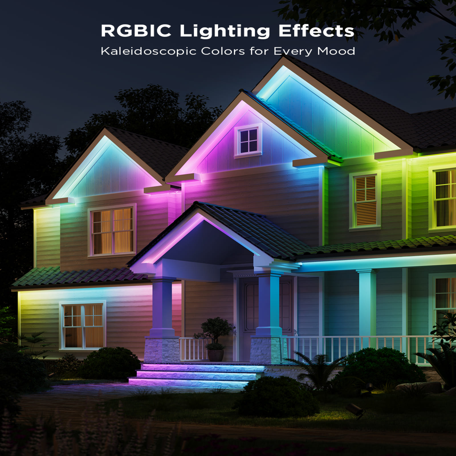 Elewacja domu z paskami oświetleniowymi RGBIC, oświetlającymi dach i ganek.