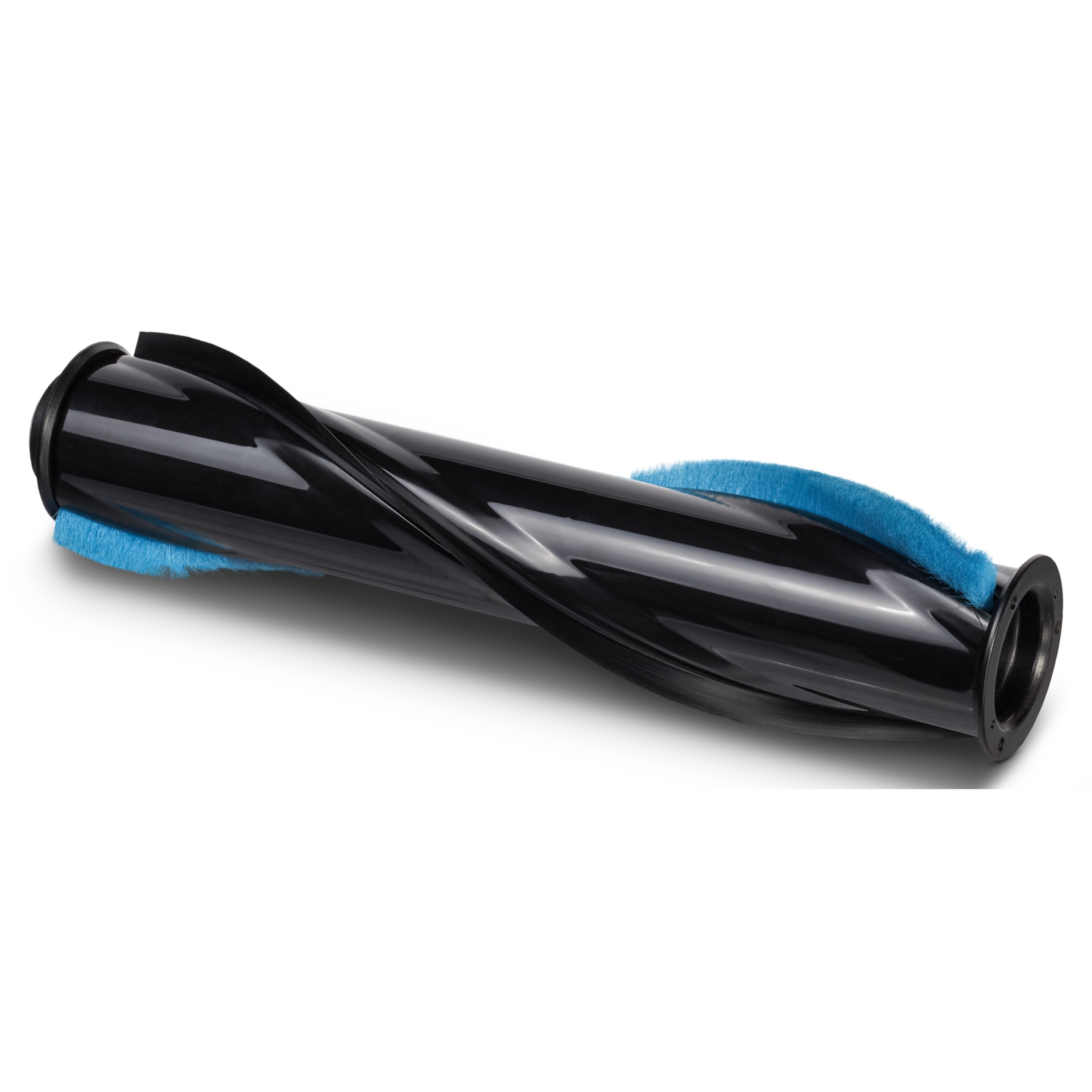 Close-up van een zwarte stofzuigerborstel met blauwe borstelharen.