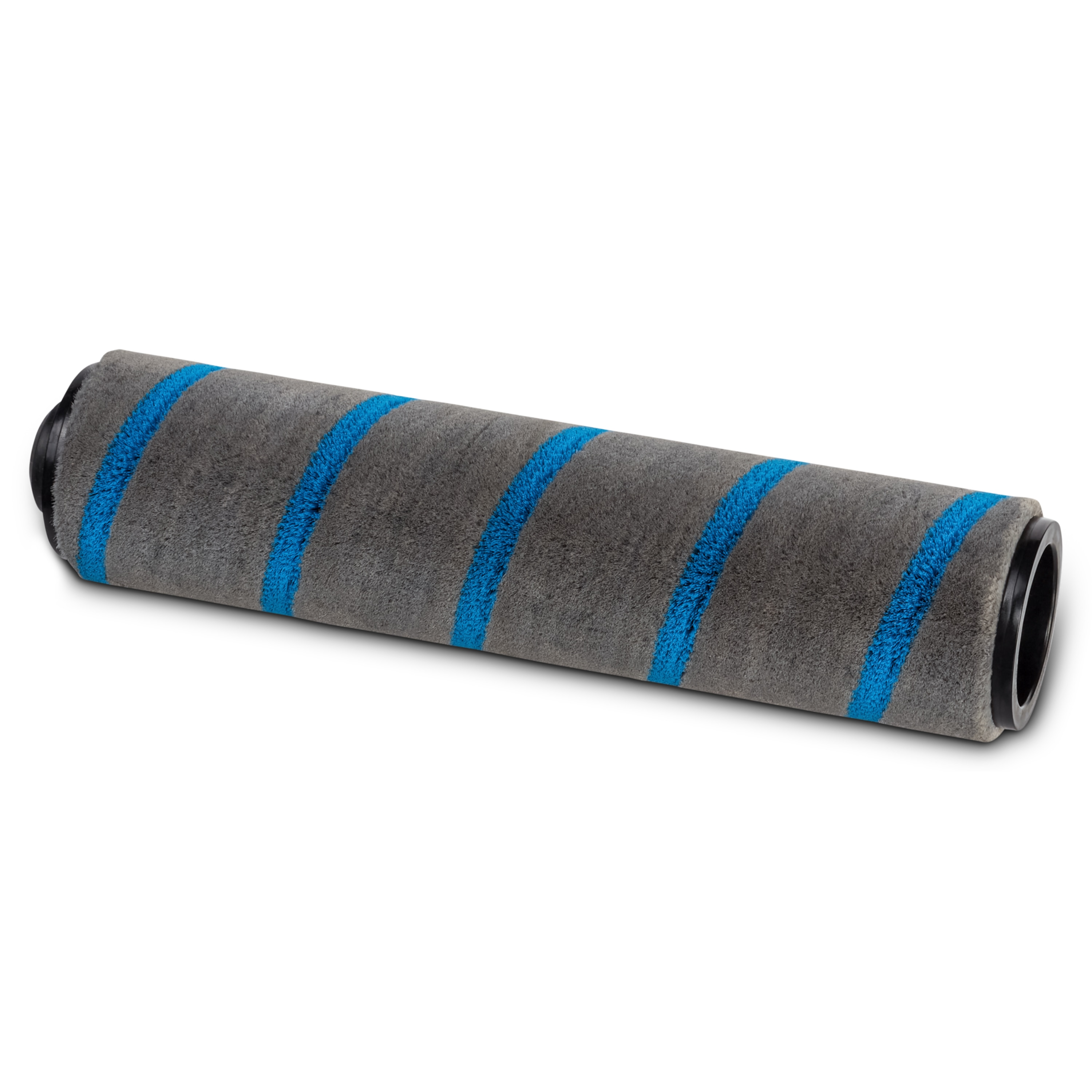 Grijze stofzuigerborstel met blauwe strepen. Witte achtergrond.