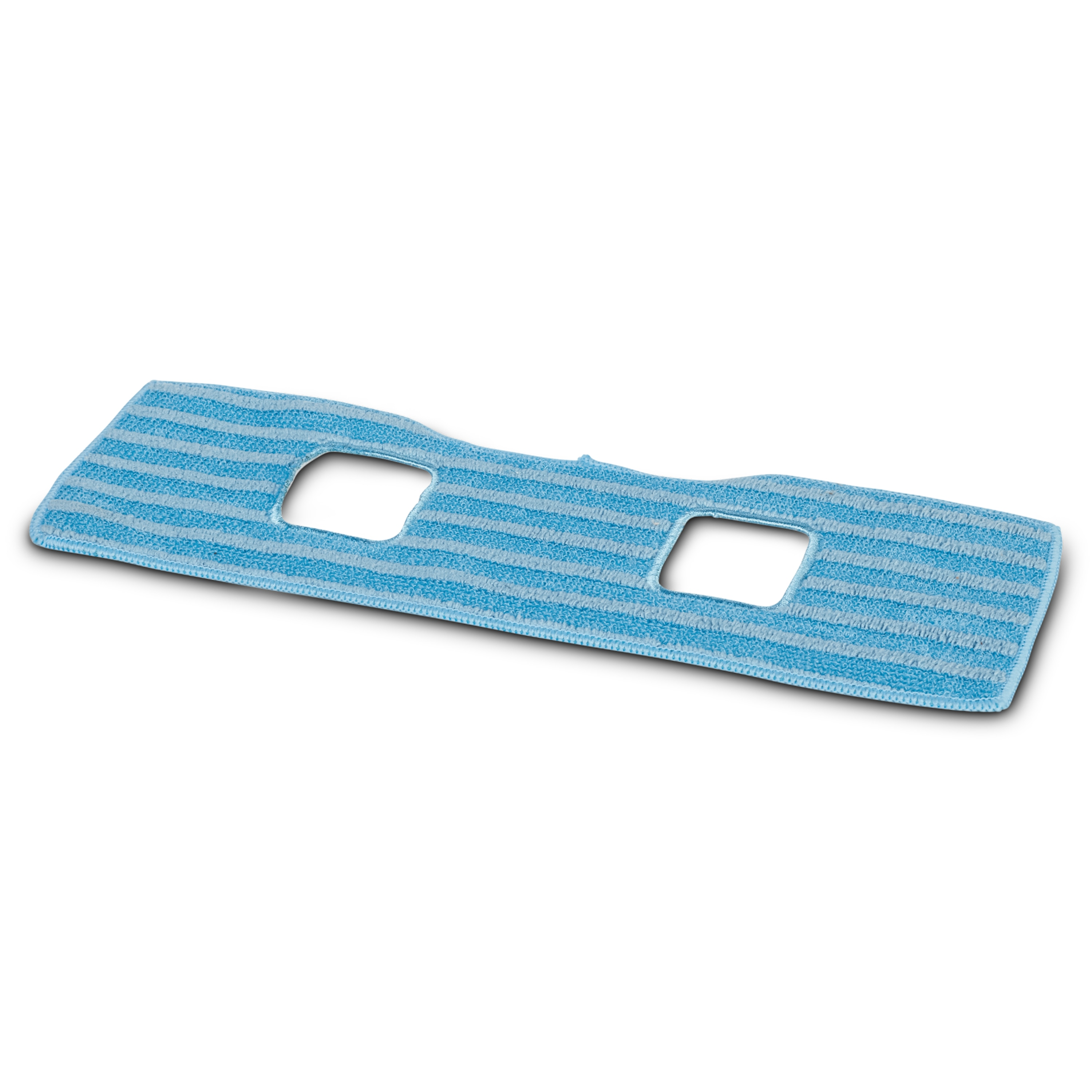 Blauw-wit gestreepte mop met drie rechthoekige uitsparingen. De achtergrond is wit.