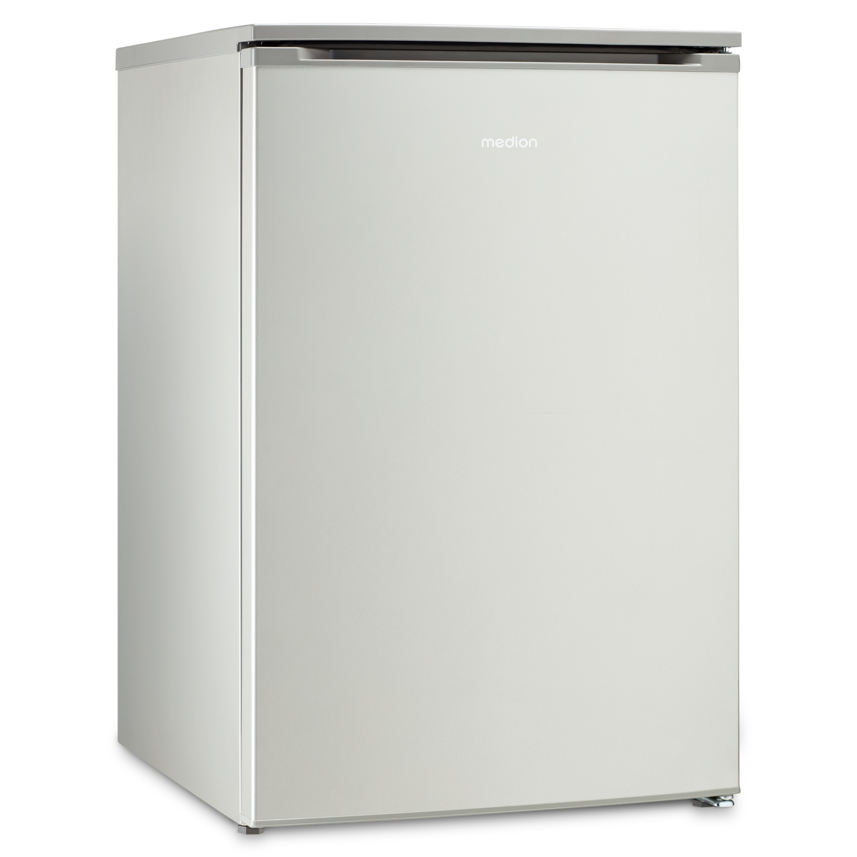 Weißer Kühlschrank mit silberner Oberseite. Die Tür ist geschlossen. Der Hintergrund ist weiß.