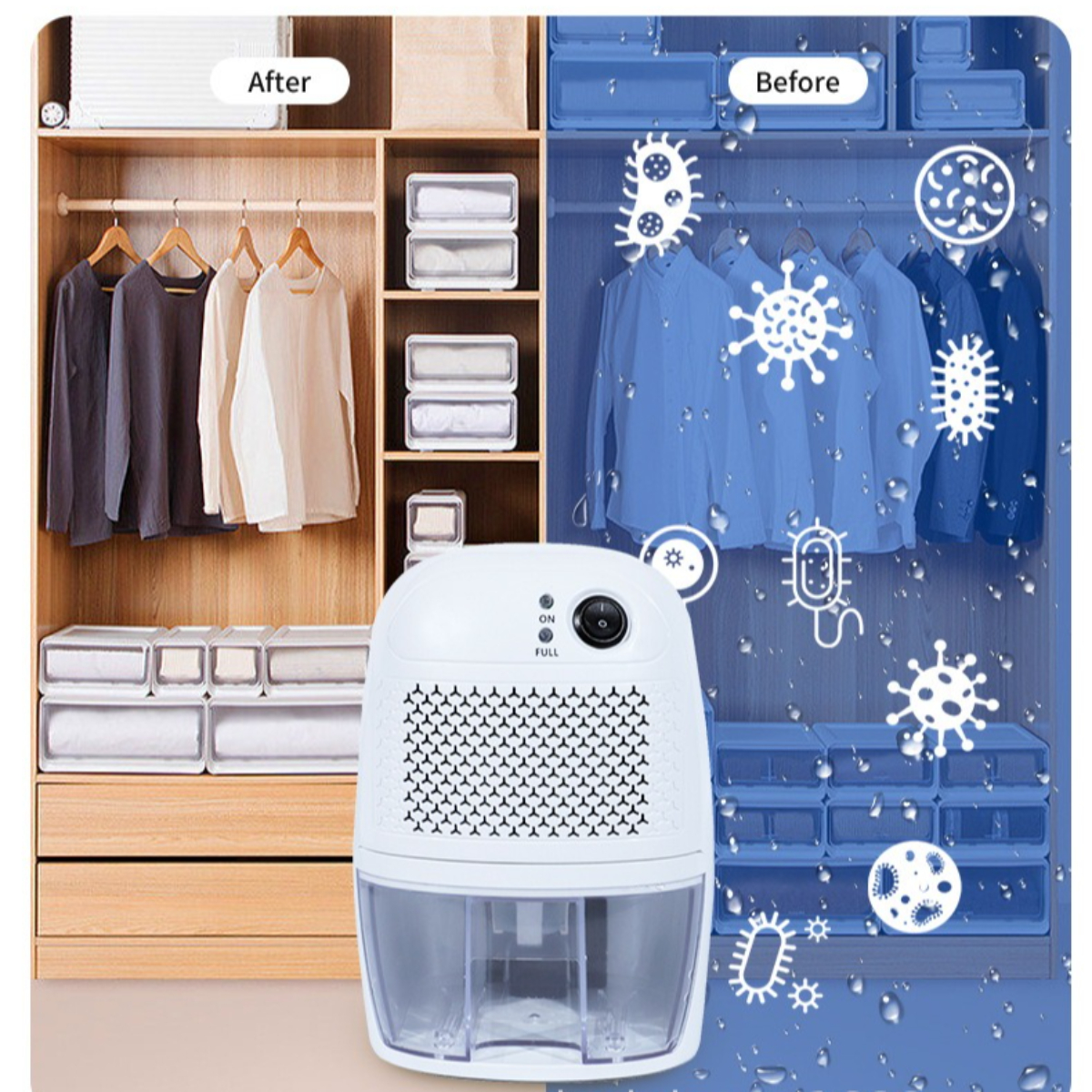 Vorher-Nachher-Bild: Schrank mit Kleidung vs. Schrank mit Kleidung und einem Luftentfeuchter.