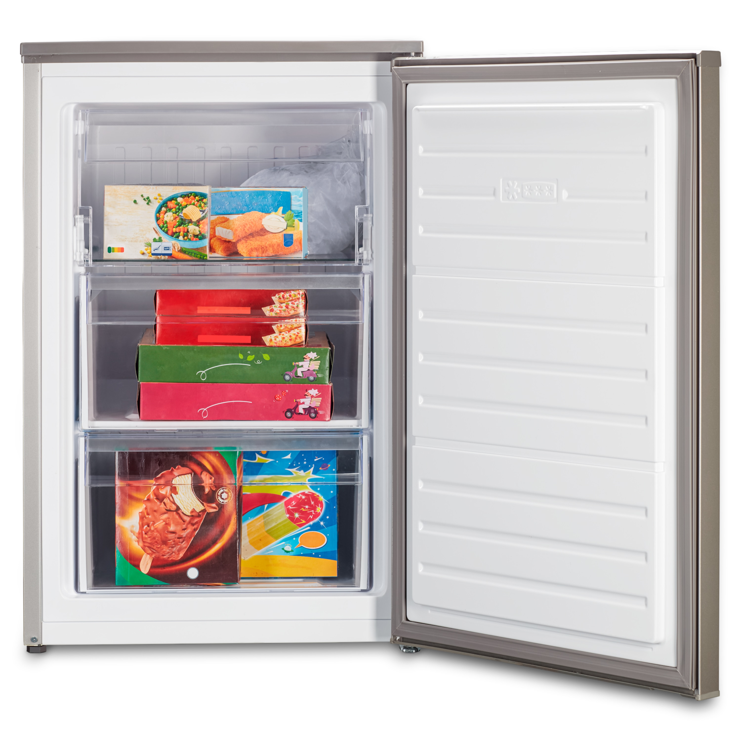 Ein kleiner offener Kühlschrank mit Tiefkühlkost. Enthält Tiefkühlgerichte, Fischstäbchen, Pizza und Eis.