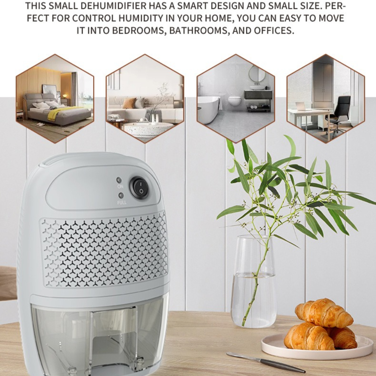 Ein weißer Luftentfeuchter mit intelligentem Design. Text sagt, dass er für Schlafzimmer, Badezimmer und Büros geeignet ist.