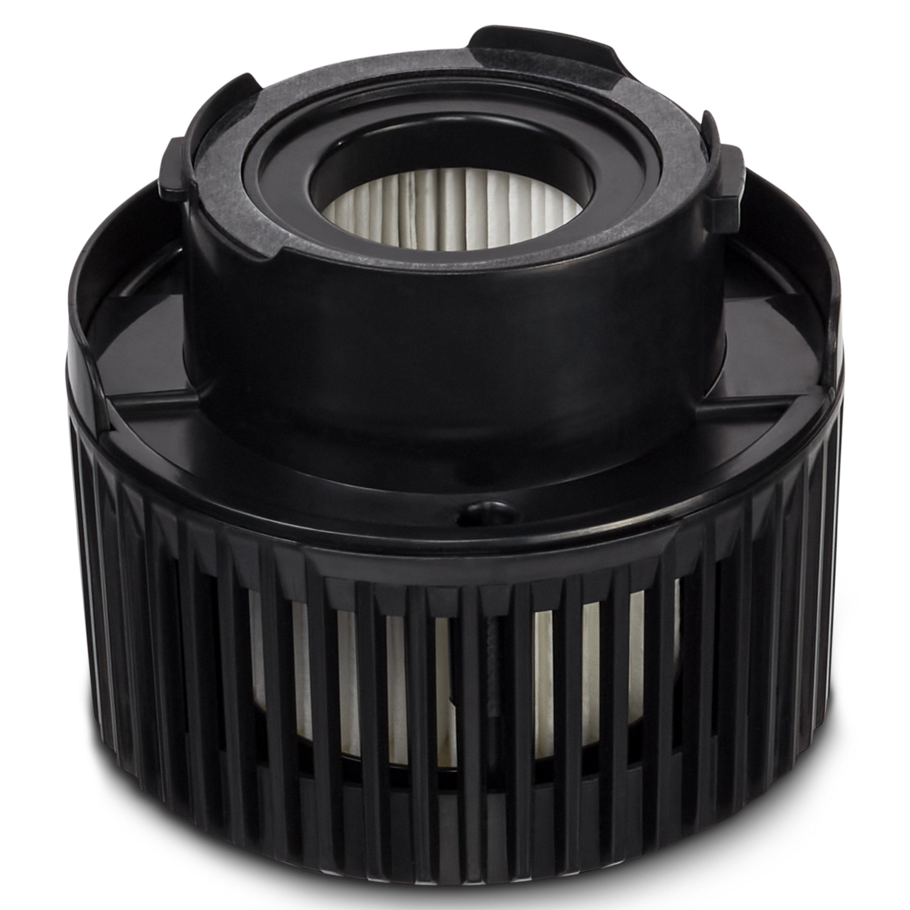 Een zwart cilindrisch filter met witte interne filtratie en een zwart buitenframe.