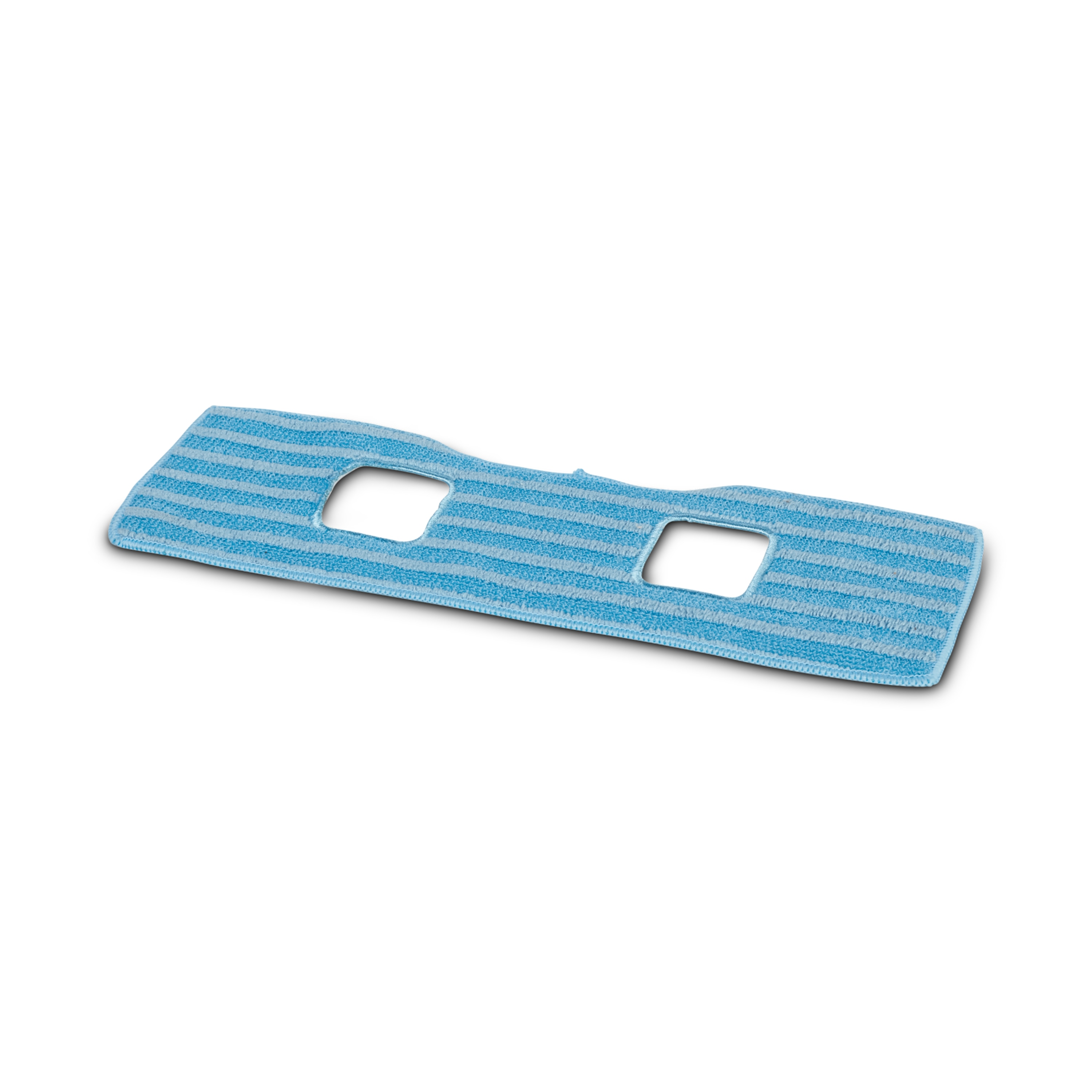 Een blauw-wit gestreepte dweilkop op een witte achtergrond met twee vierkante gaten uitgesneden.