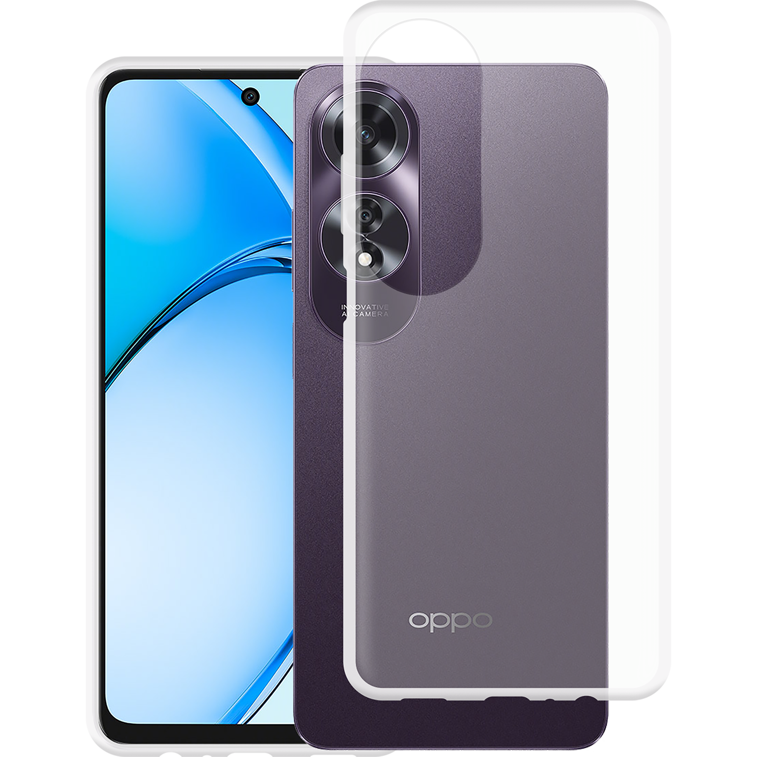 Smartphone mit lila Rückseite, Hülle und Bildschirm. Die Hülle ist transparent. Das Telefon hat Oppo-Logo.