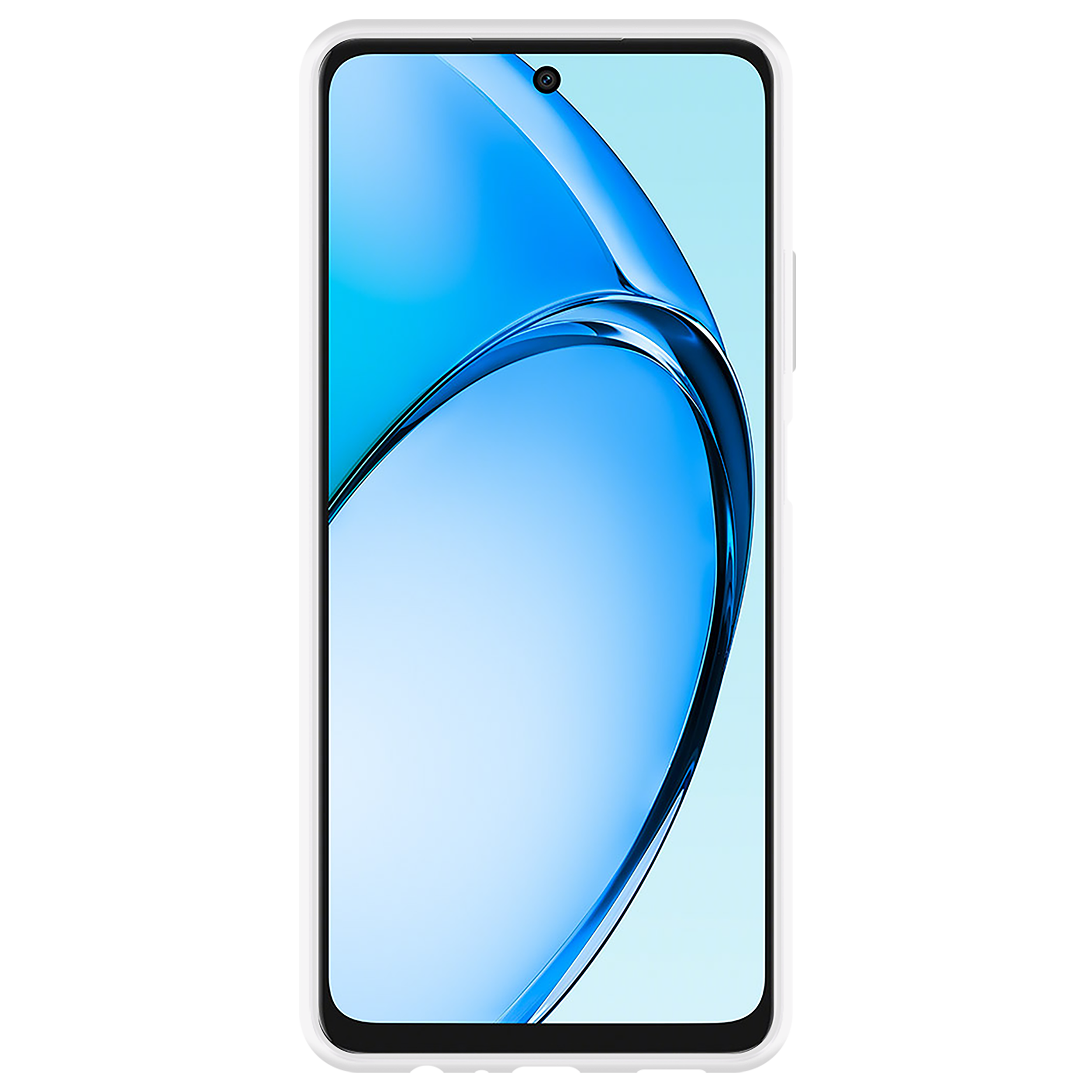 Ein Smartphone mit weißem Rahmen. Der Bildschirm hat ein blau-weißes abstraktes Design.