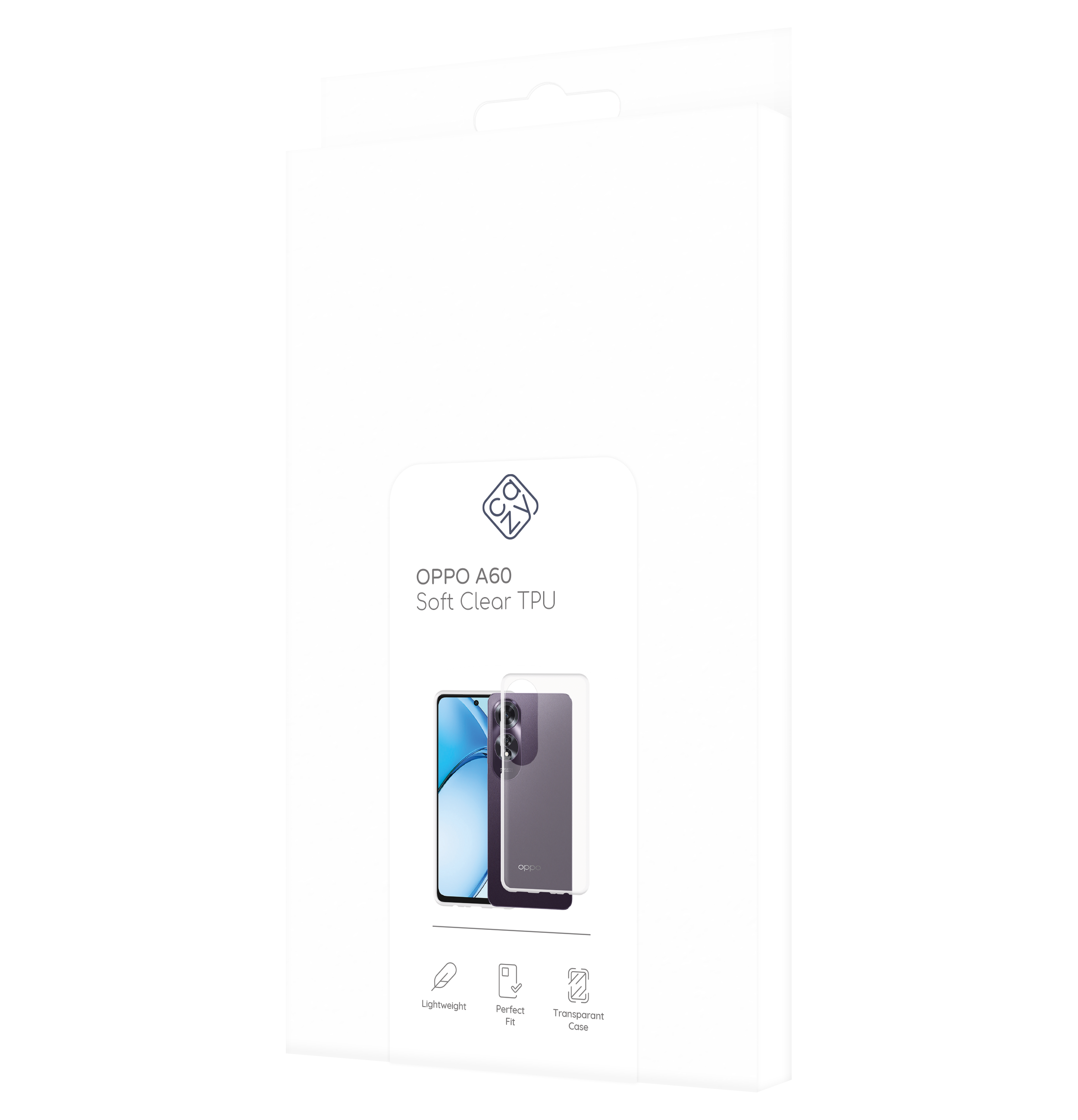Weiße Handyhülle-Box. Zeigt Telefon im Inneren. Text: OPPO A60 Soft Clear TPU. Icons: Leicht, perfekte Passform.