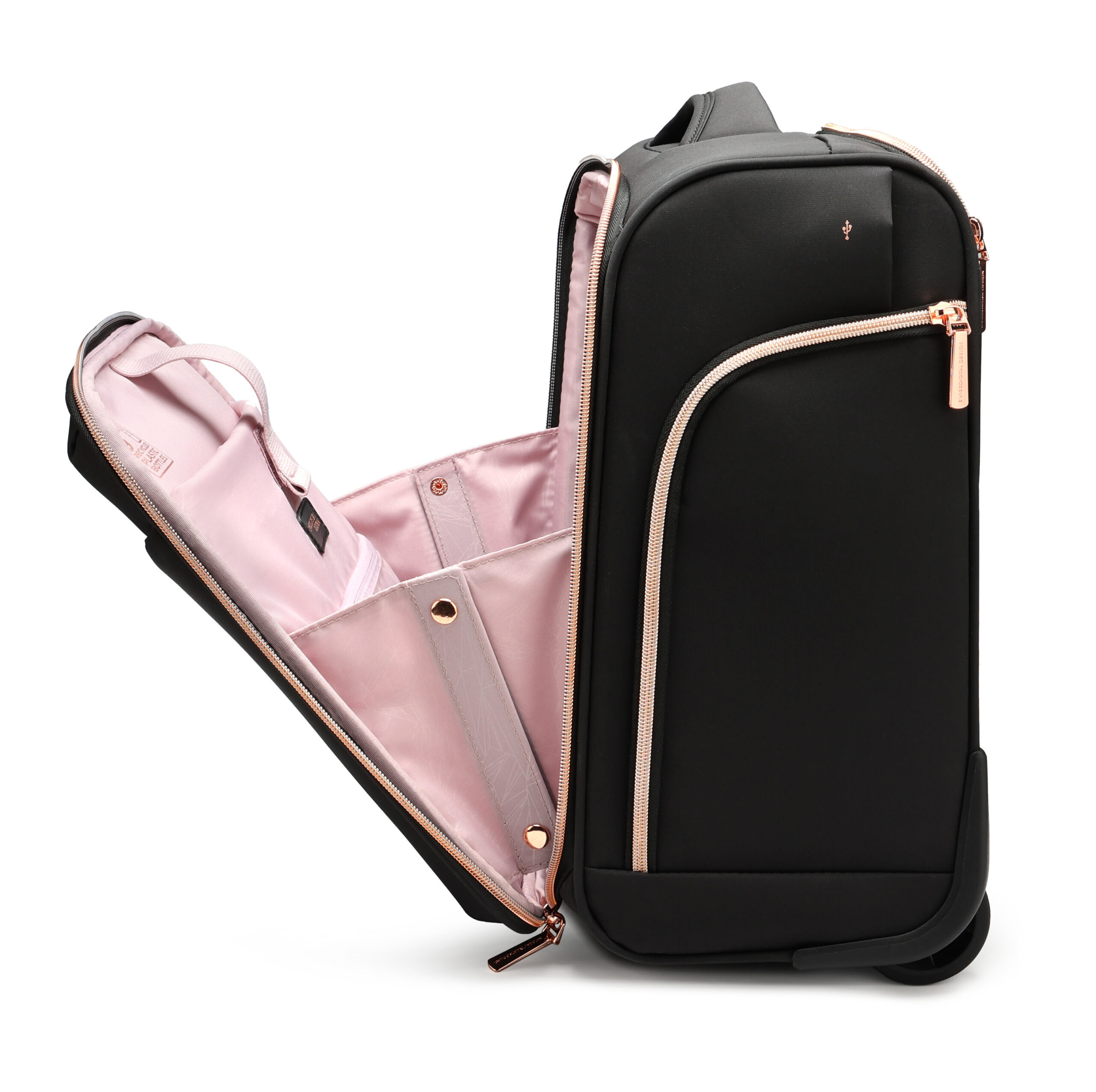 Una valigia da cabina nera con cerniere color oro rosa e interno rosa aperto.