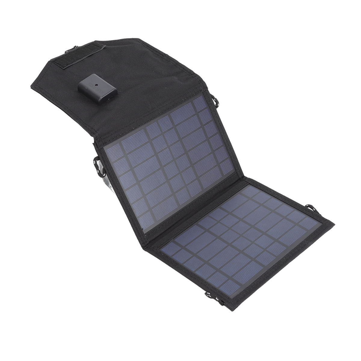 Schwarzes, faltbares Solarpanel mit zwei Paneelen, offen. Eine kleine schwarze Box ist befestigt.