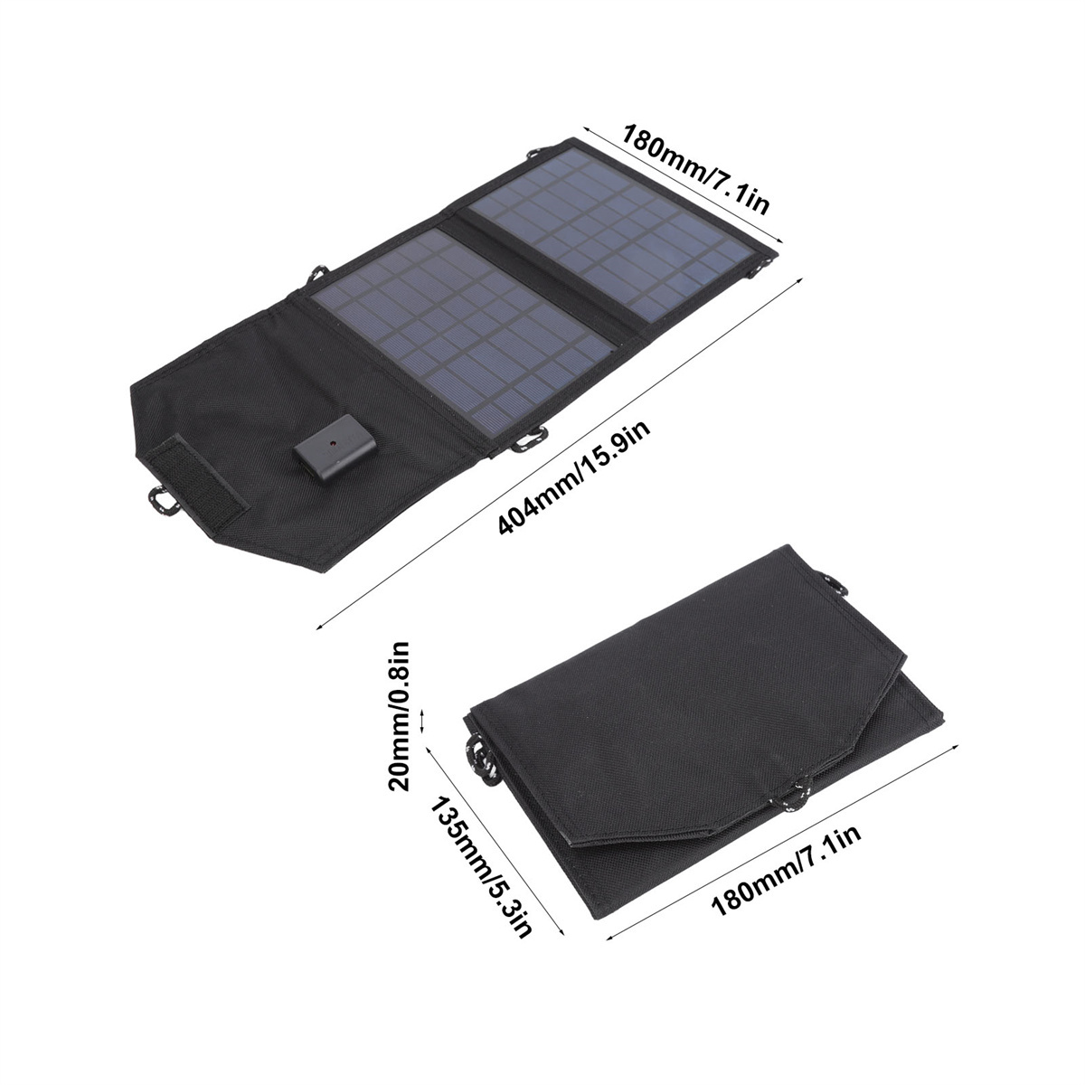 Faltbares schwarzes Solarpanel mit Abmessungen. Der Hintergrund ist weiß.