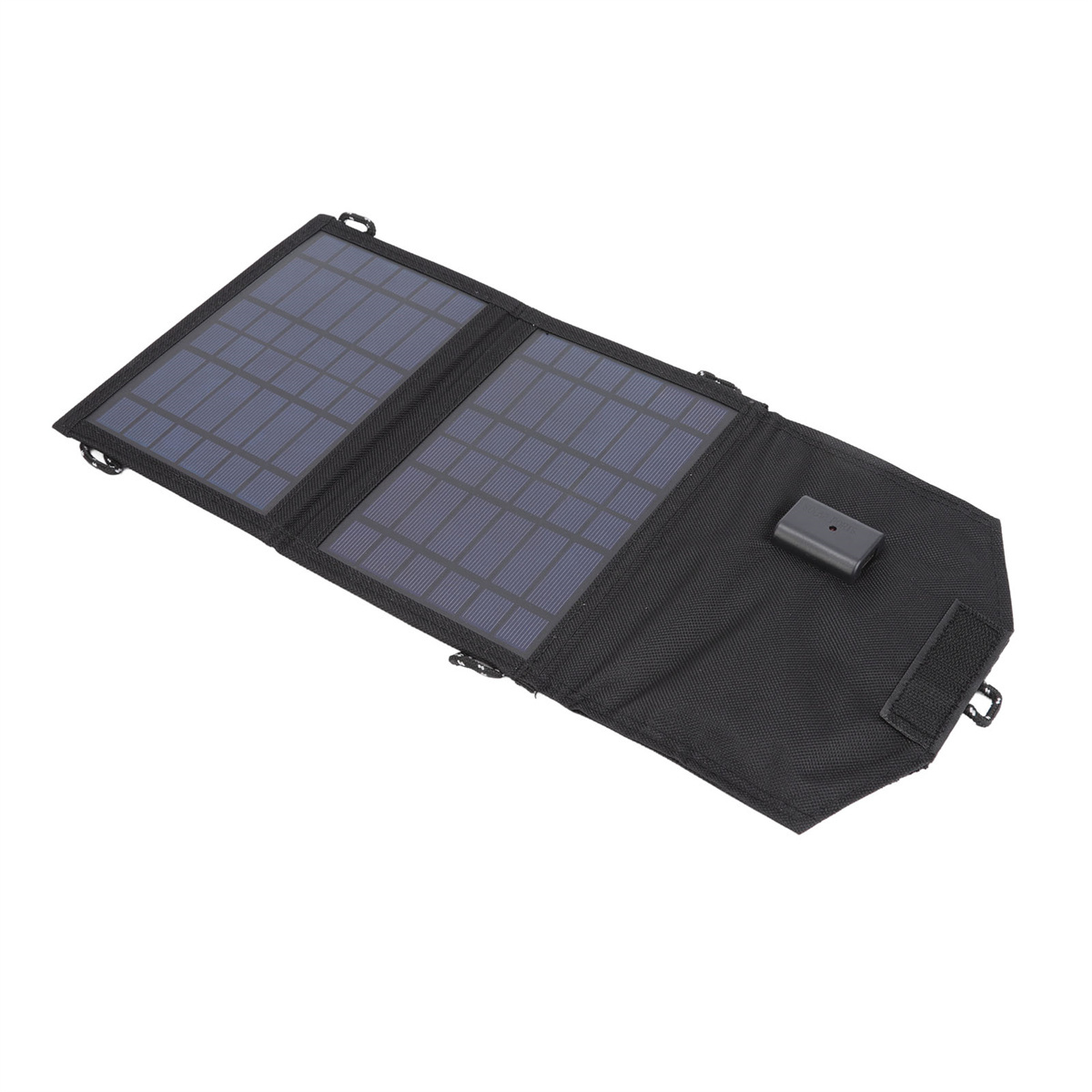 Faltbares Solarpanel, schwarz, offen. Zwei Paneele mit Solarzellen, Stecker und schwarzem Stoff.