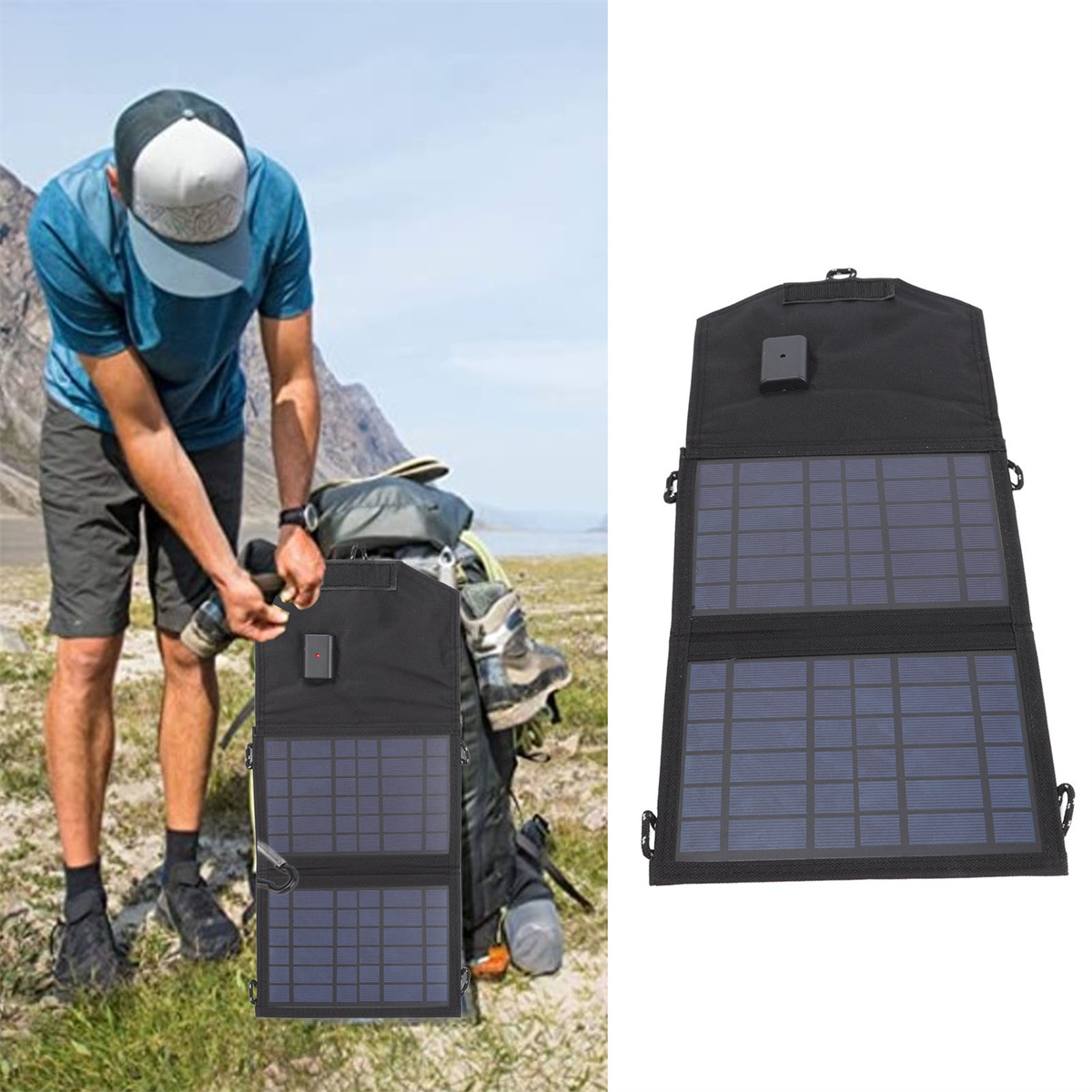 Ein Mann hält neben einem Rucksack ein schwarzes Solarpanel. Ein weiteres Panel rechts gezeigt.