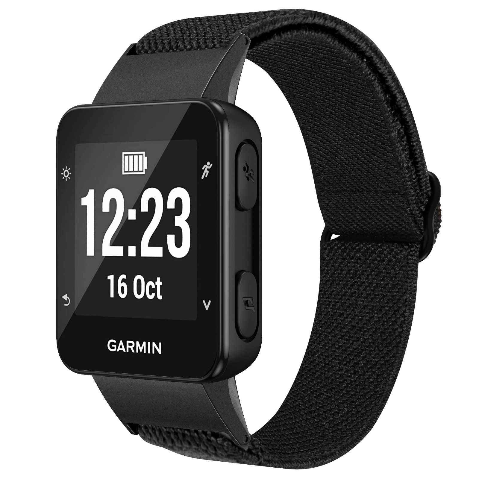 Schwarze Garmin Smartwatch mit Uhrzeit, Datum und Akkulaufzeit auf dem Bildschirm, schwarzes Armband.