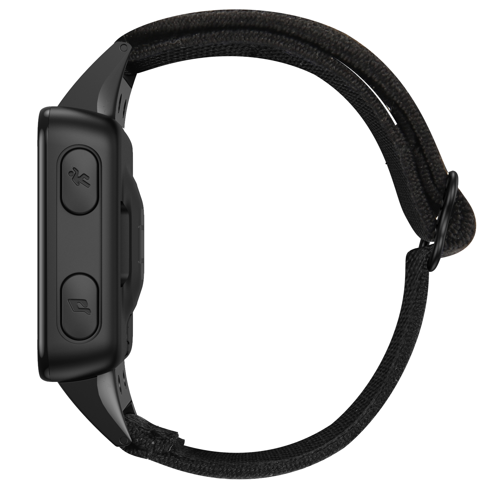 Schwarze Sportuhr. Sie hat ein schwarzes Armband und wird auf weißem Hintergrund gezeigt.