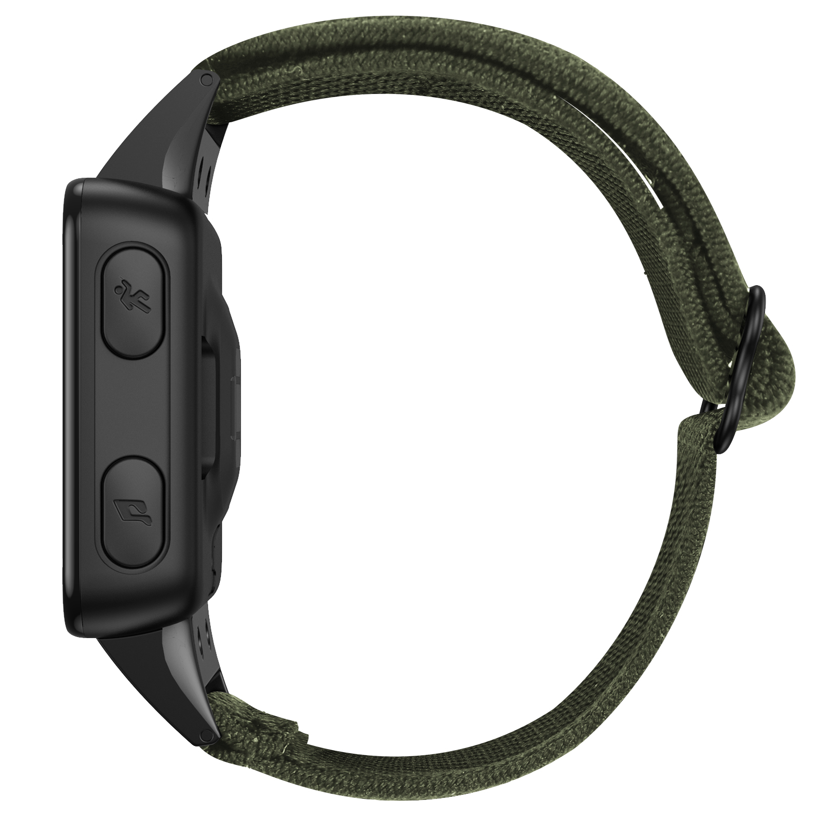 Eine schwarze Sportuhr mit einem grünen Armband. Die Uhr hat zwei Knöpfe an der Seite und eine Schnalle.