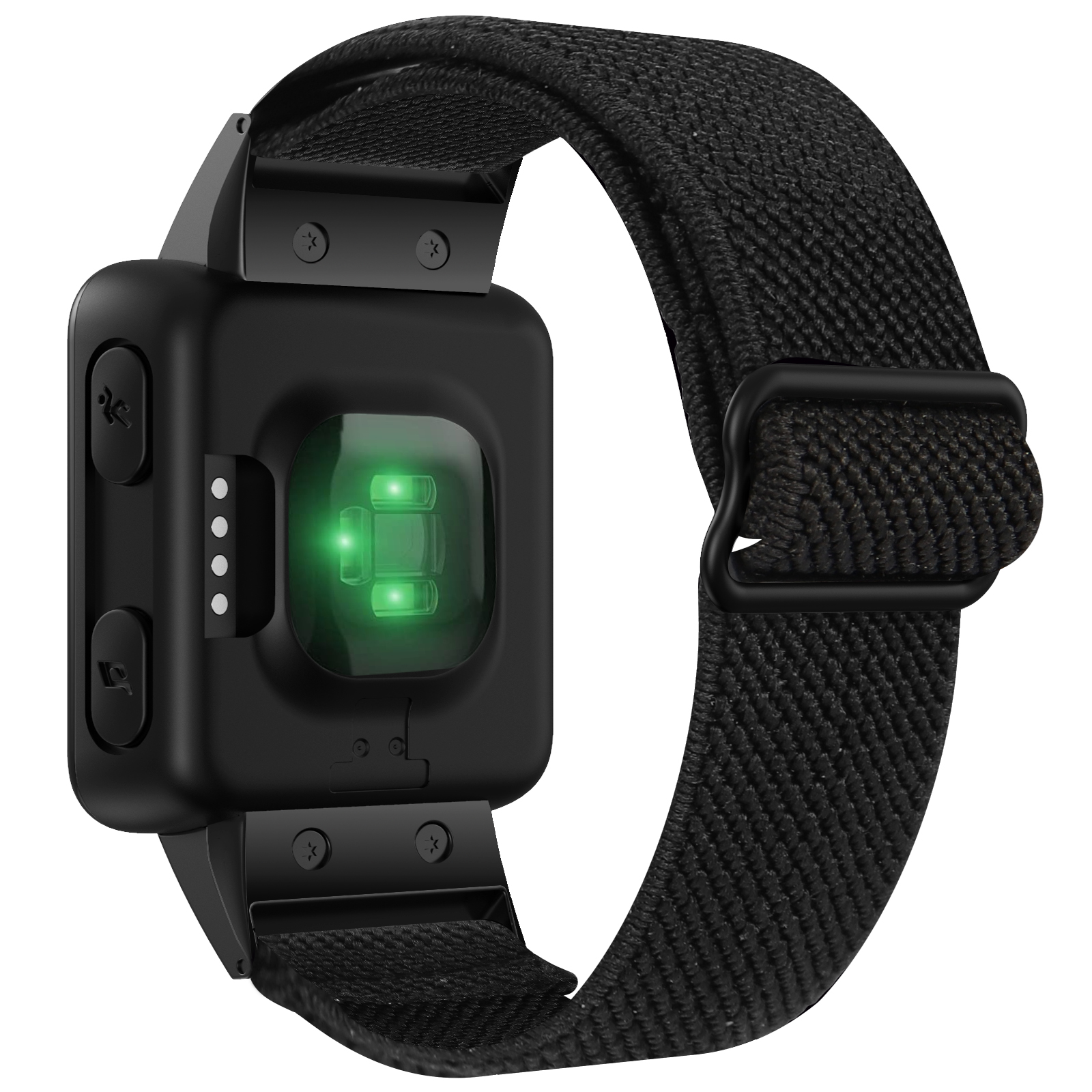 Schwarze Smartwatch mit grünem Herzfrequenzsensor und schwarzem verstellbaren Armband, auf weißem Hintergrund.