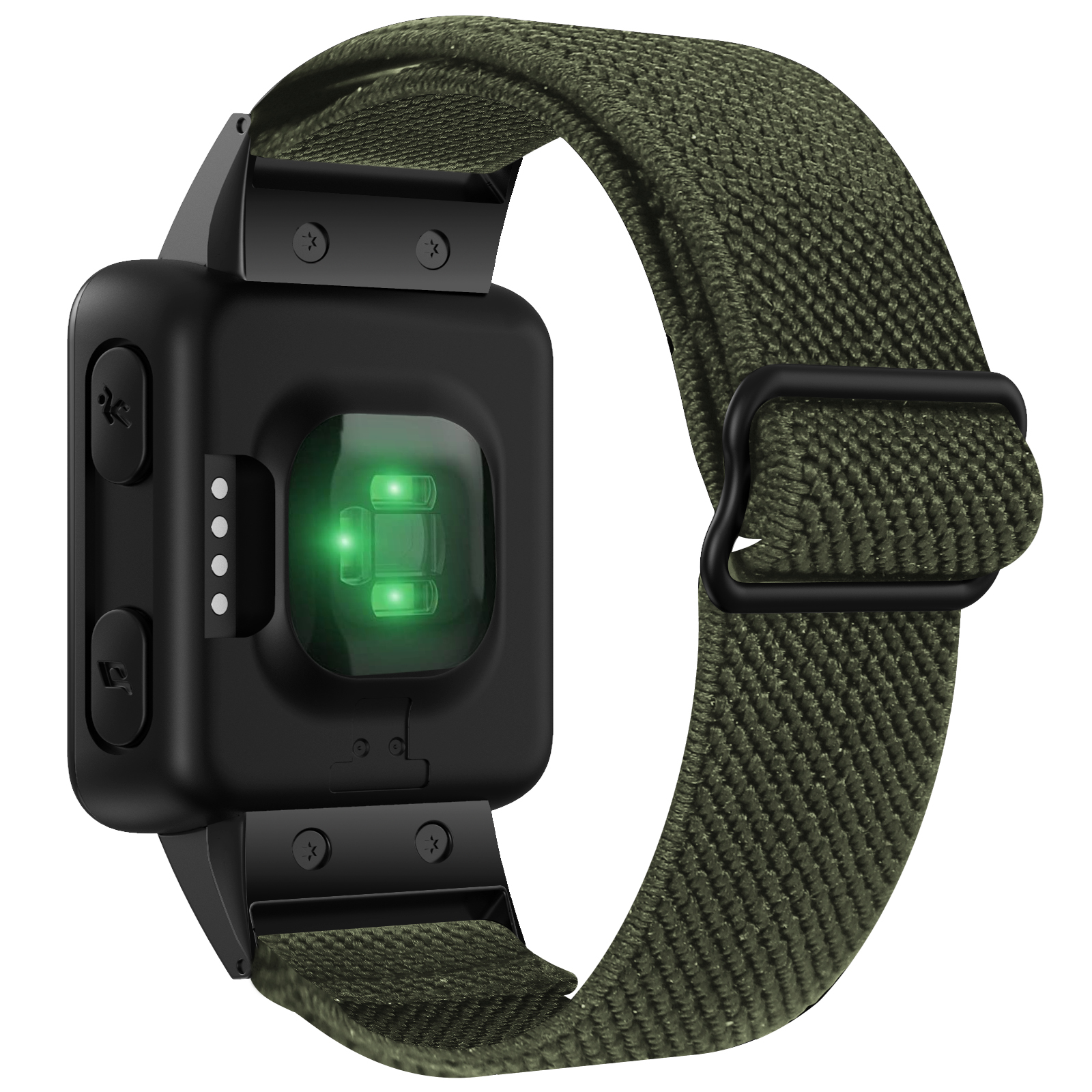 Schwarze Smartwatch mit grünem Armband. Die Uhr hat ein quadratisches Zifferblatt. Herzfrequenzsensor sichtbar.