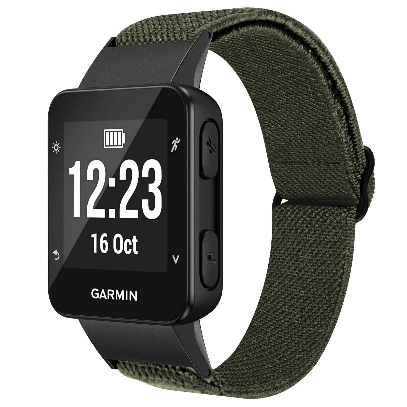 Eine schwarze Garmin Smartwatch mit olivgrünem Armband. Das Display zeigt Uhrzeit und Datum.