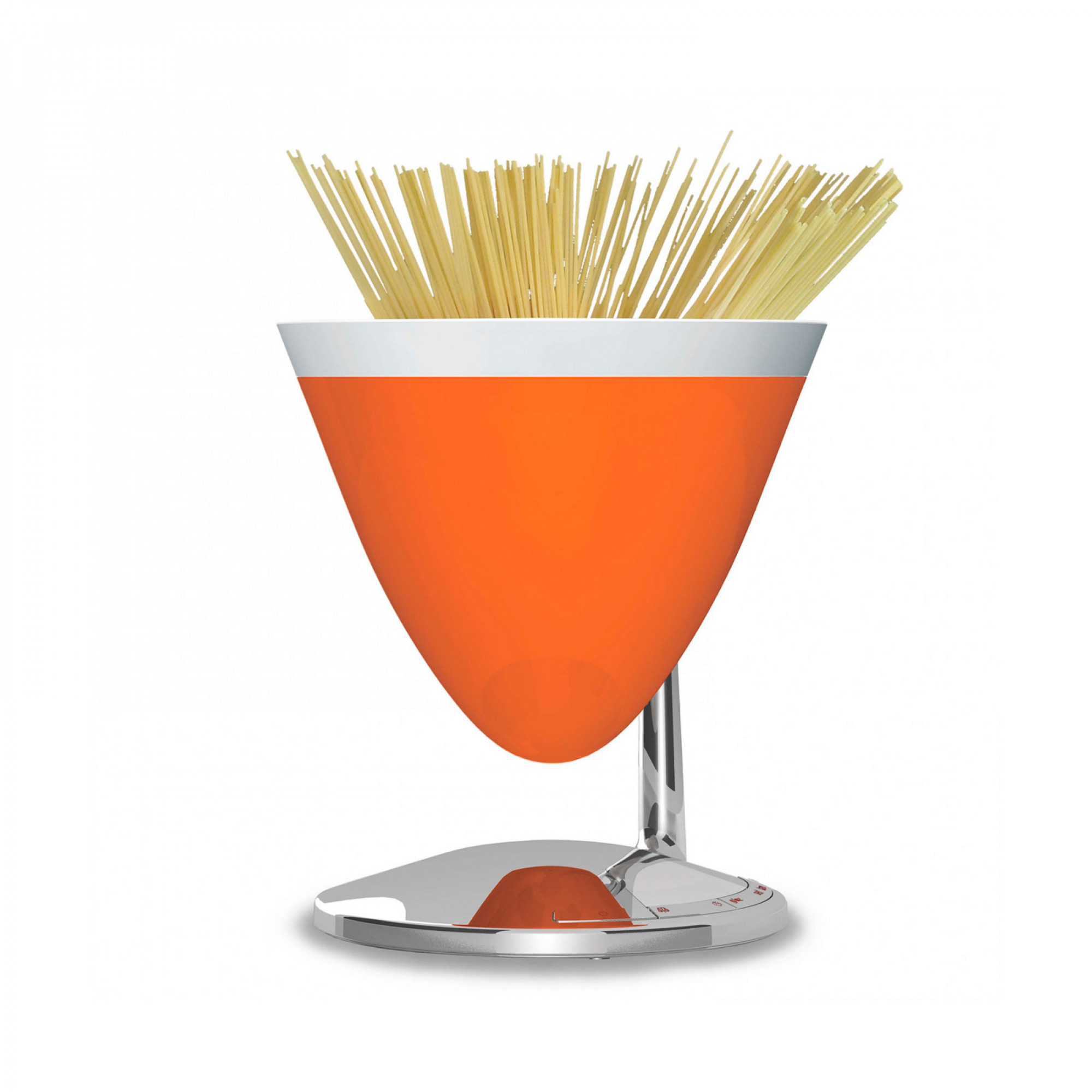Servitore per pasta arancione con spaghetti. Colori bianco e cromo.