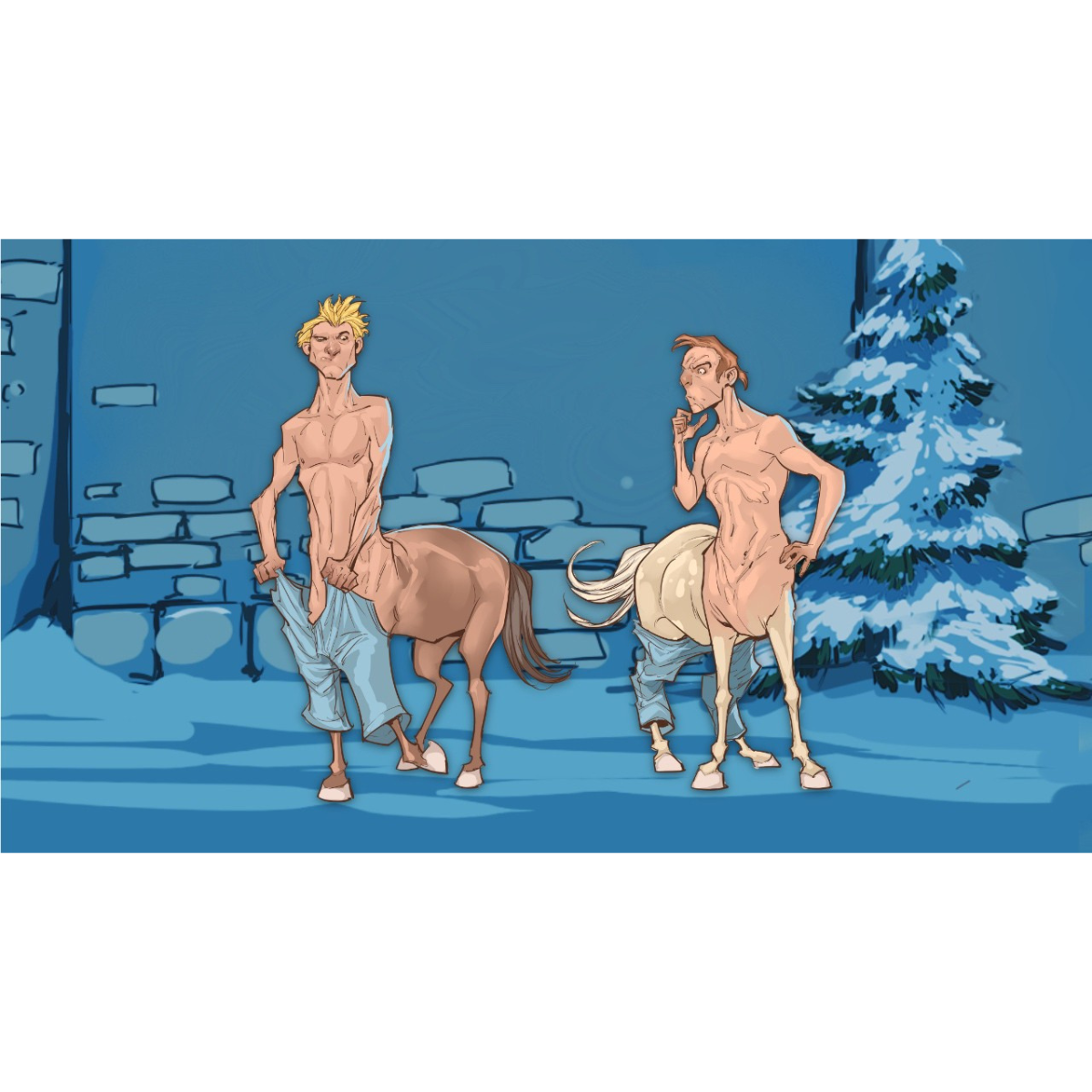 Due centauri, uno biondo, uno bruno, entrambi senza maglietta, con i pantaloni abbassati, in una scena innevata.