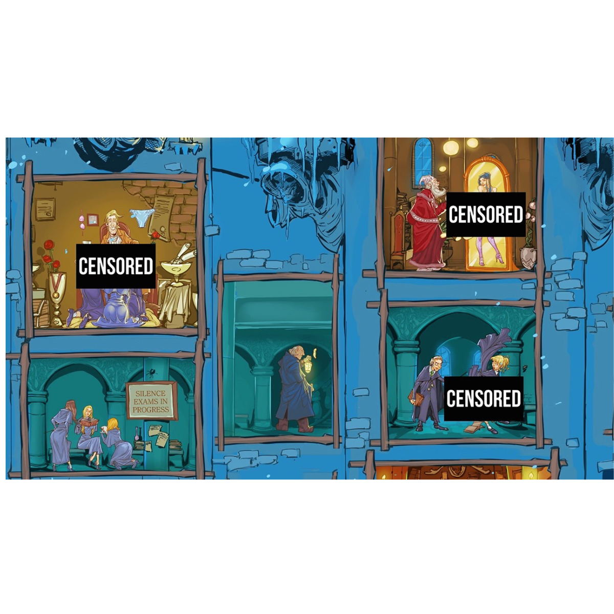 Illustrazione di un edificio con scene. Vari livelli con testo e aree coperte. Colore blu.