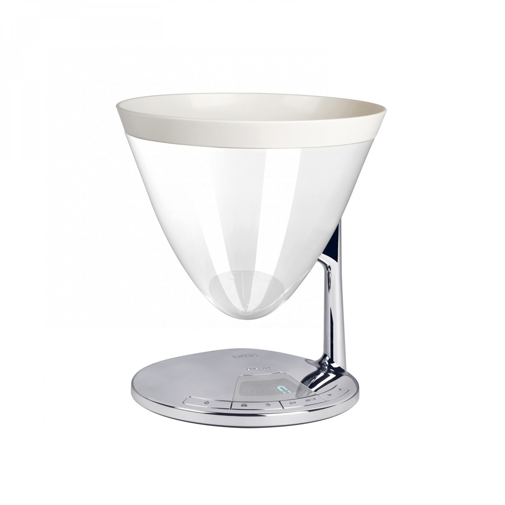 Bilancia da cucina conica con contenitore trasparente e display digitale, isolata su bianco.