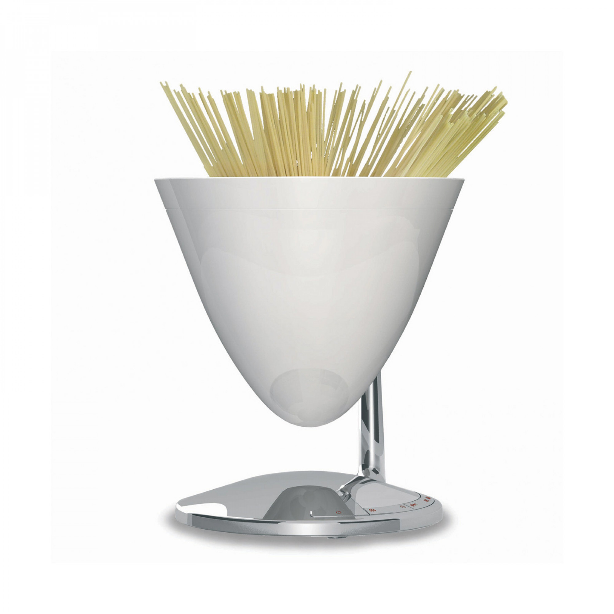 Servitore per pasta bianco con spaghetti. Colori bianco e cromo.