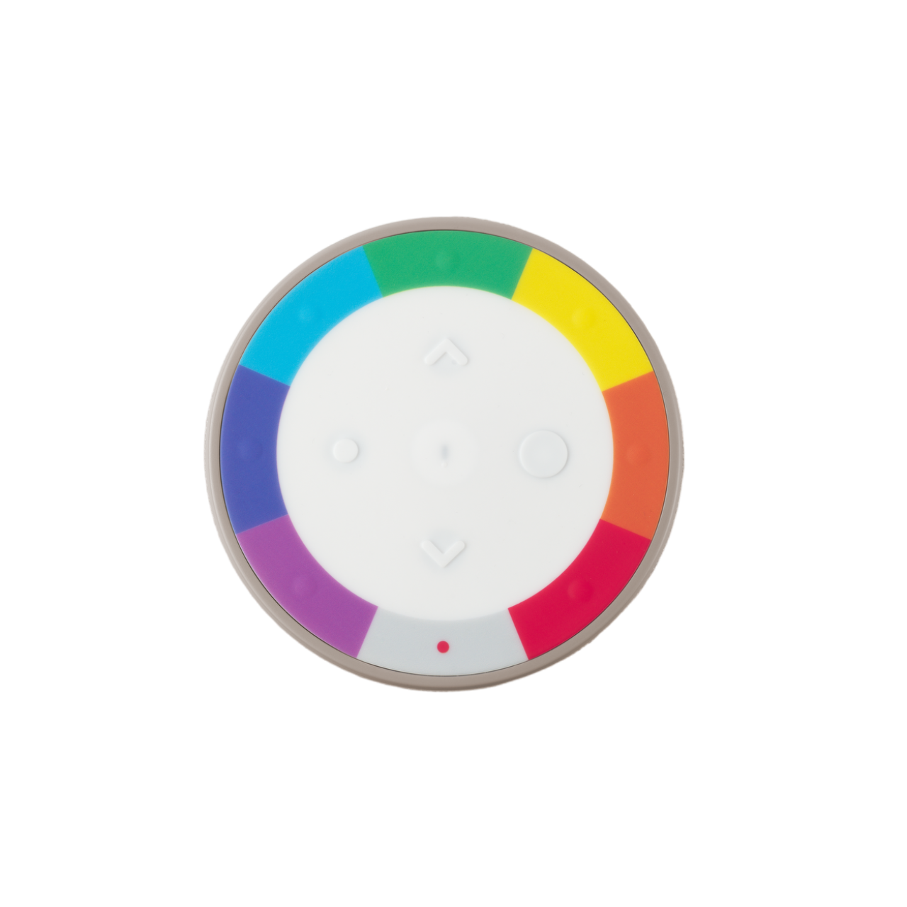 Une télécommande ronde et colorée avec un panneau de commande central.