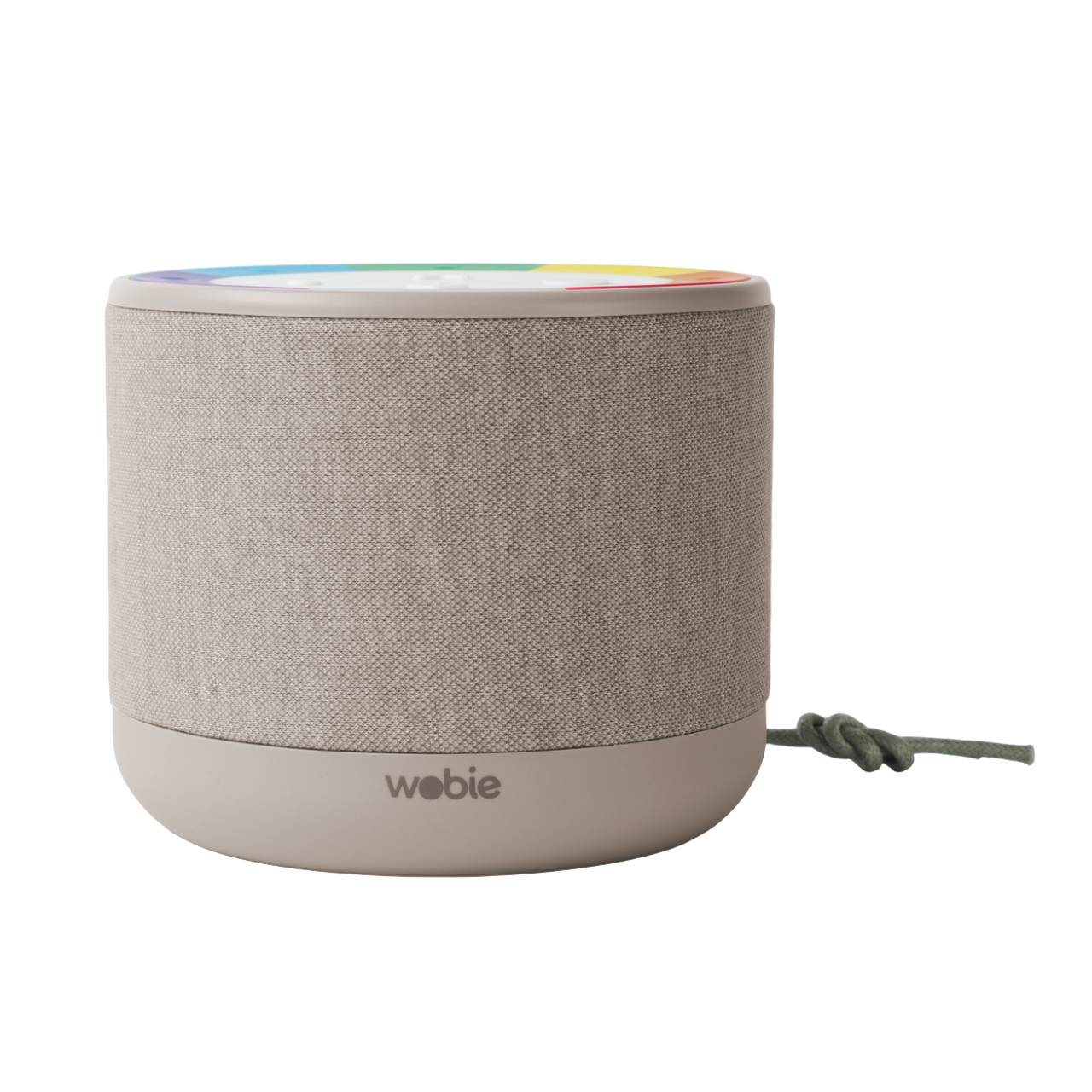 Un haut-parleur intelligent cylindrique beige avec un dessus arc-en-ciel et un câble vert.