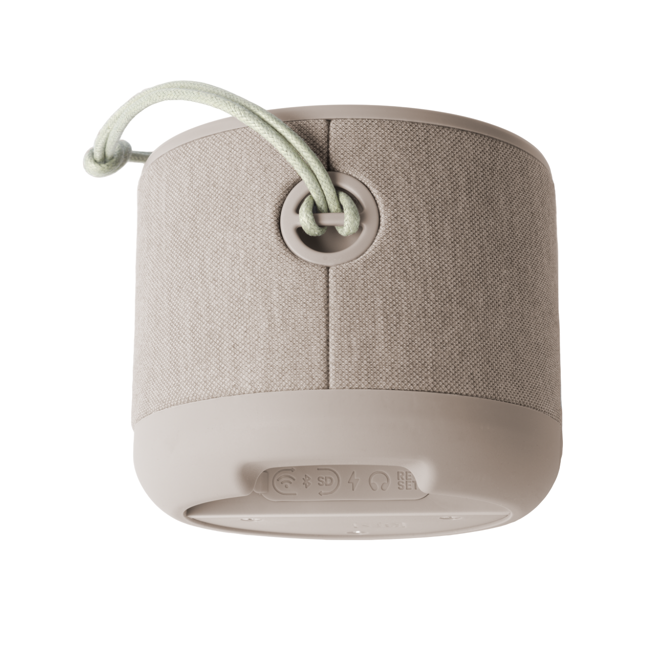 Haut-parleur cylindrique beige avec cordon vert clair et base noire.