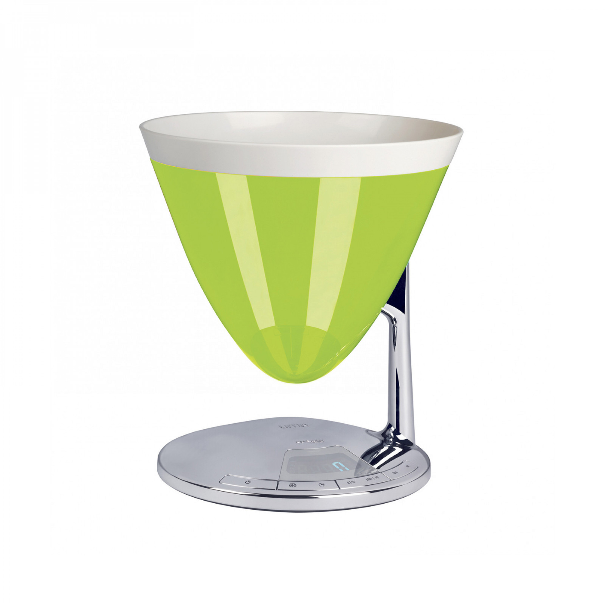 Bilancia da cucina verde e bianca. Sfondo bianco.