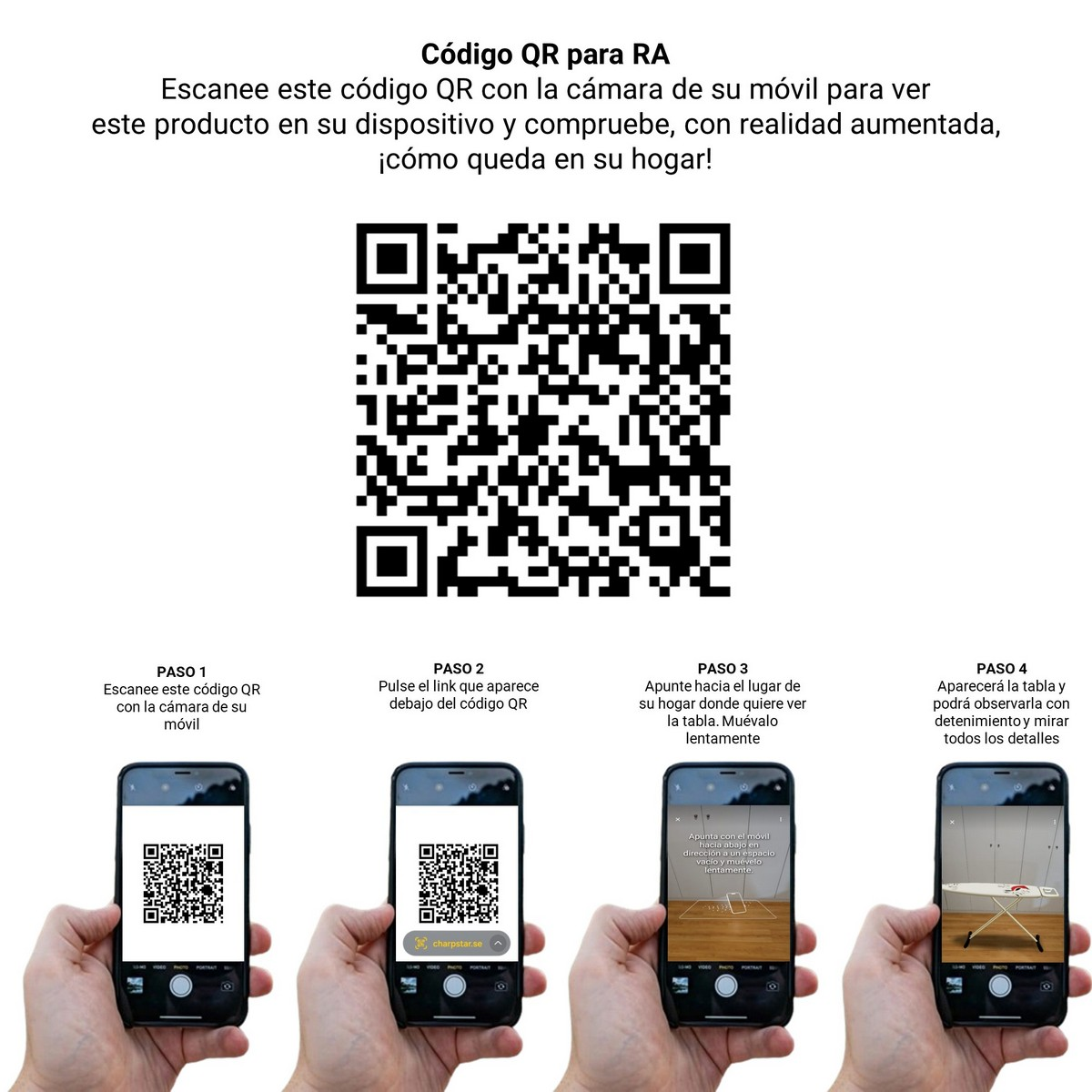 Código QR con un teléfono inteligente mostrando una mesa con realidad aumentada, con instrucciones en español.