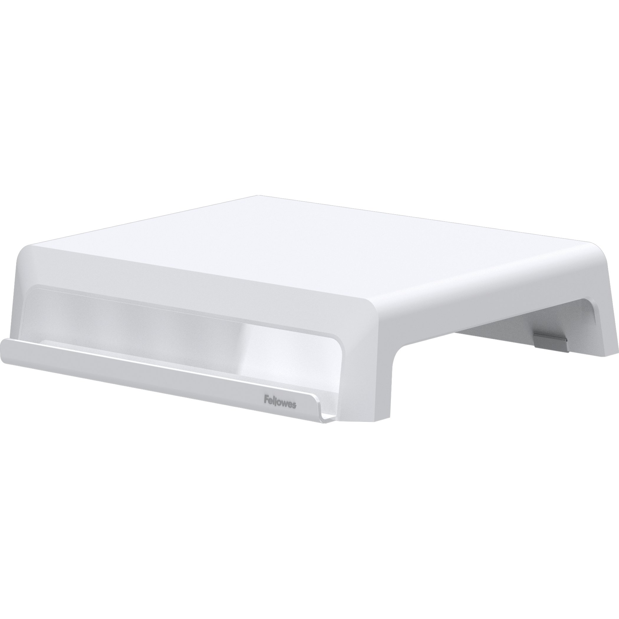 Biała podstawka pod monitor ze szczeliną na papiery i marką 'Fellowes'.