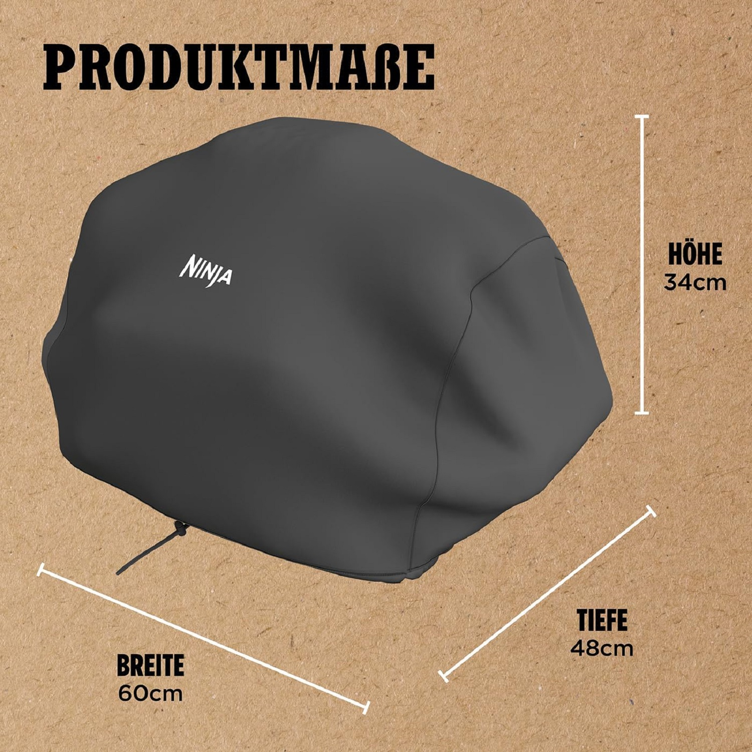 Czarna osłona na grilla, z logo Ninja i wymiarami wysokości i szerokości na brązowym papierze.
