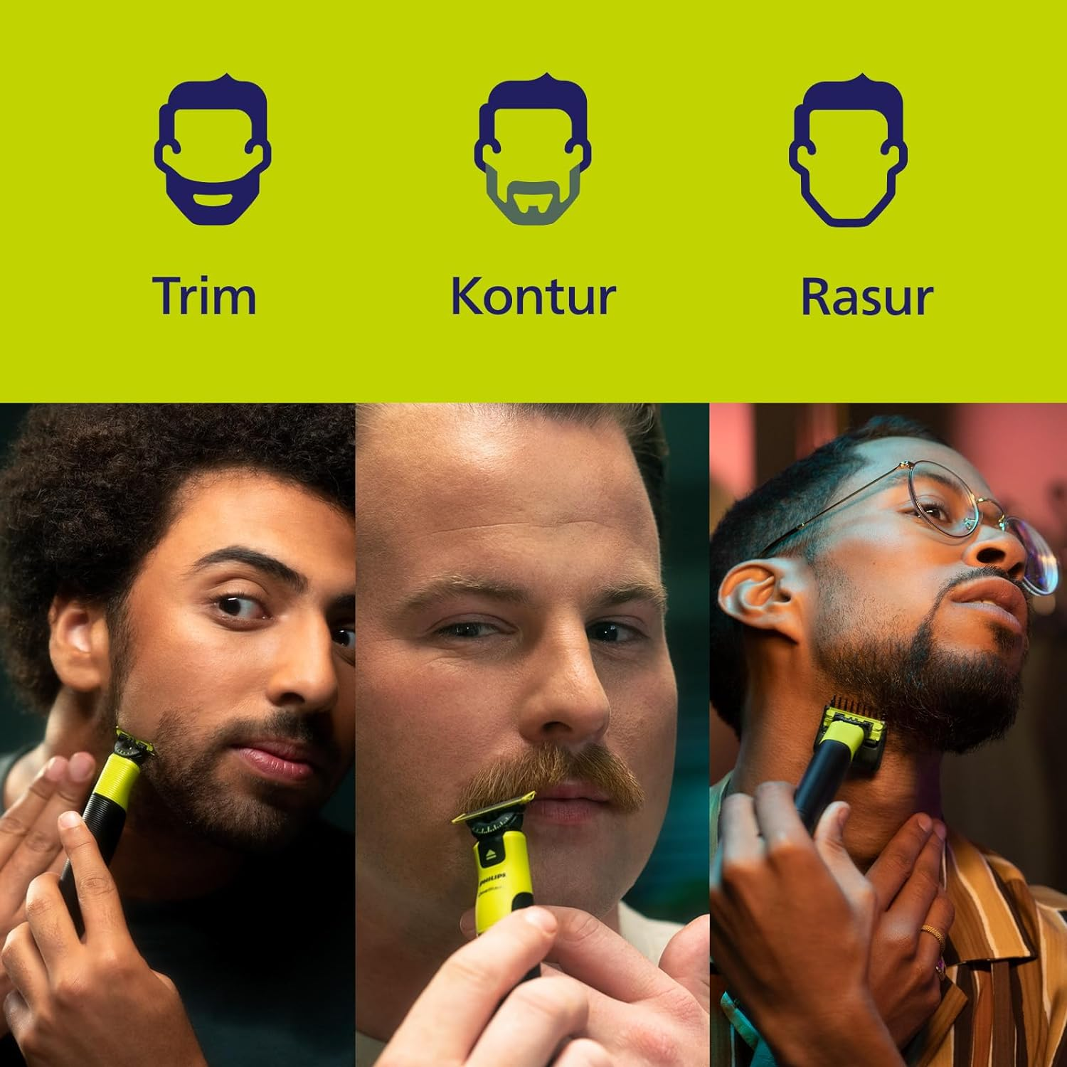 Trzech mężczyzn demonstruje przycinanie brody żółtą maszynką. Zielone tło z ikonami stylów brody.