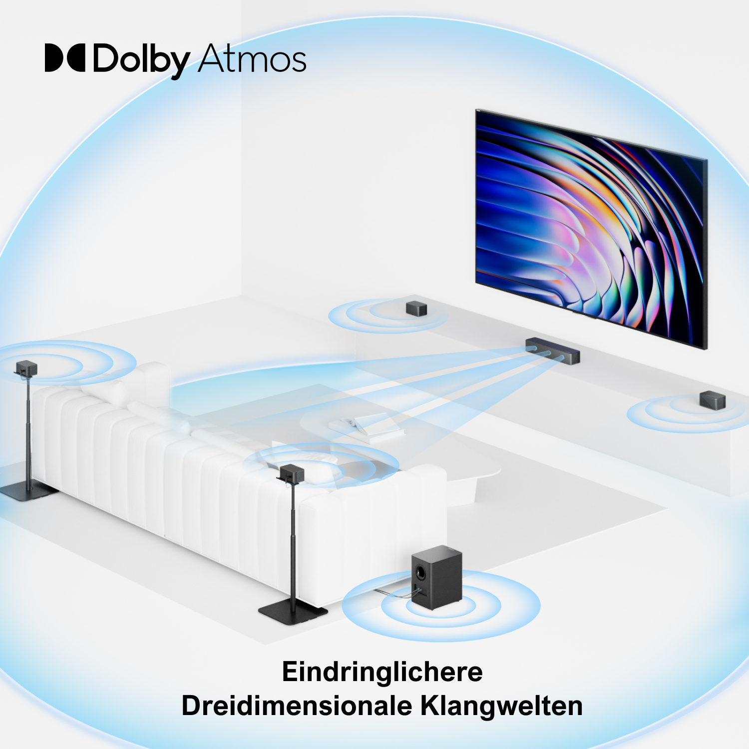 Wohnzimmer mit Sofa, Lautsprechern und TV. Blaue Schallwellen gehen von den Lautsprechern aus.