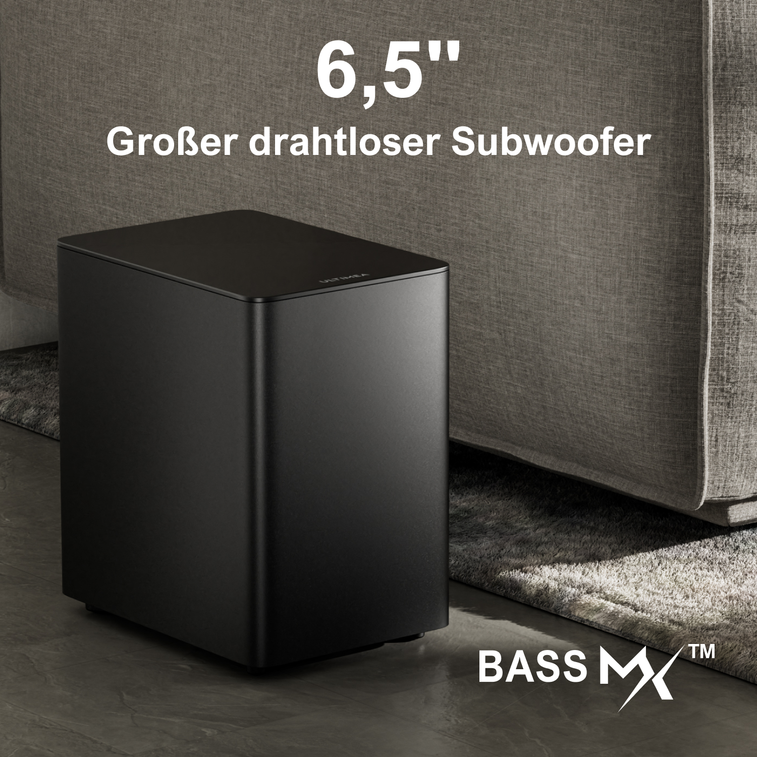 Ein schwarzer Subwoofer in einem Wohnzimmer. Er steht auf einem Teppich in der Nähe eines Sofas.